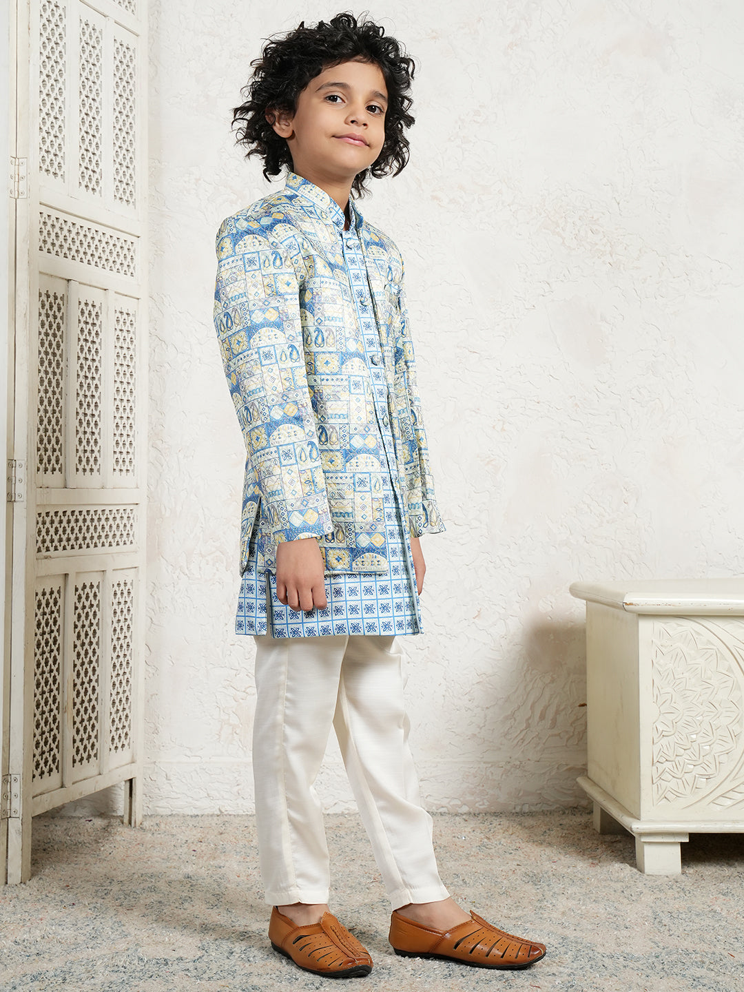 Dark Blue Jacquard Full Sleeves Rich Floral Embroidery Sherwani for boys