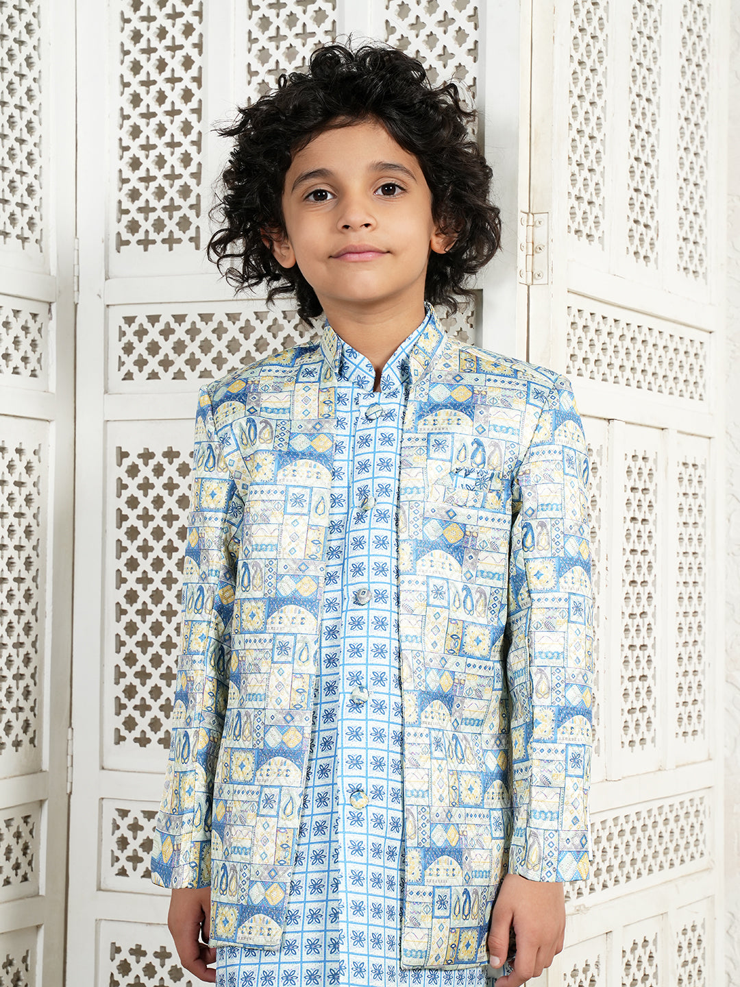 Dark Blue Jacquard Full Sleeves Rich Floral Embroidery Sherwani for boys