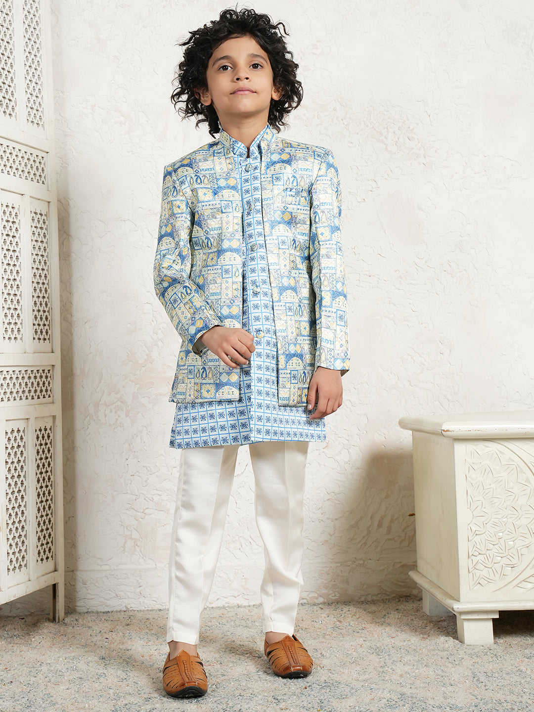 AJ Dezibnes Dark Blue Jacquard Full Sleeves Rich Floral Embroidery Sherwani