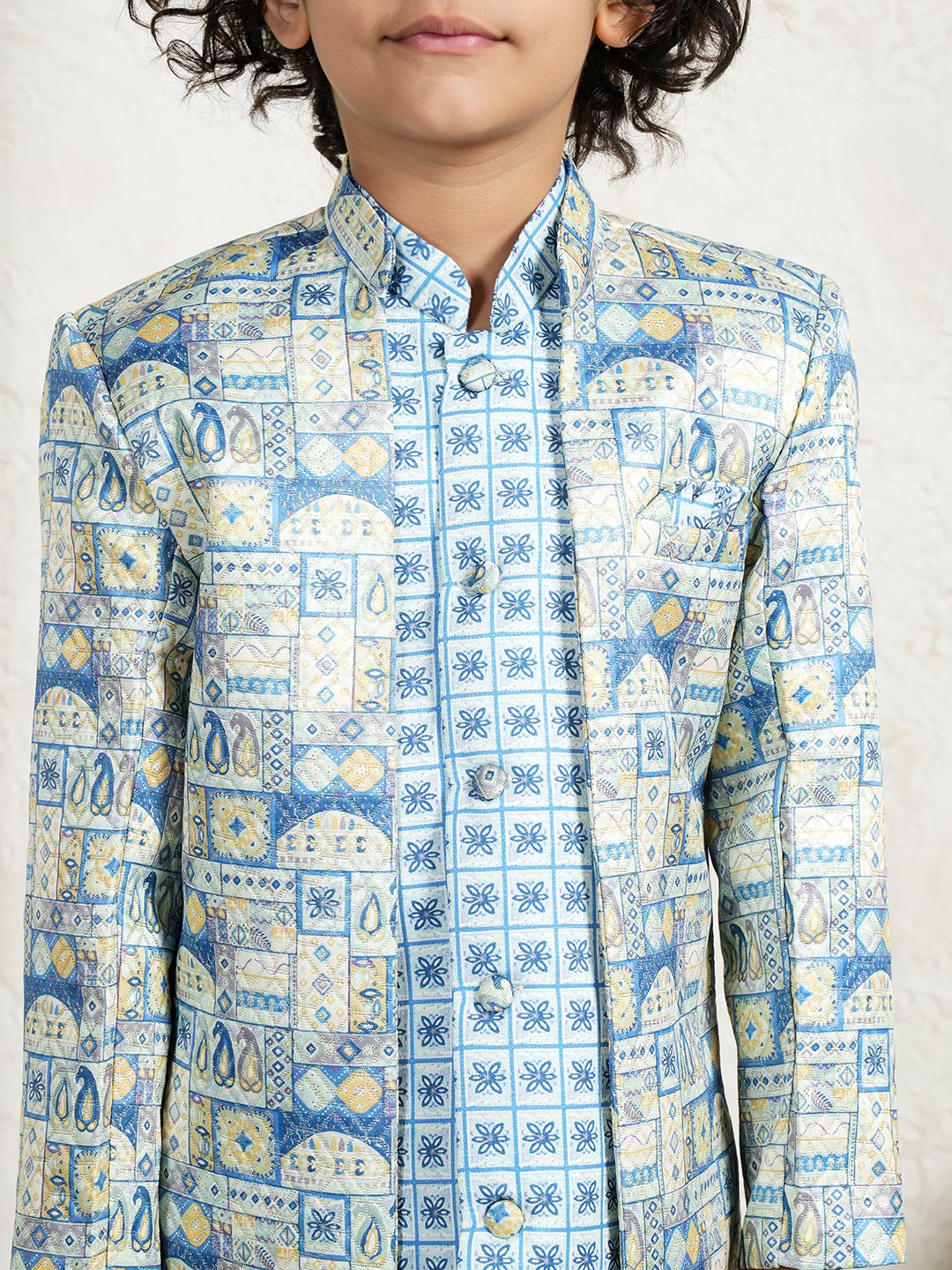 Dark Blue Jacquard Full Sleeves Rich Floral Embroidery Sherwani for boys