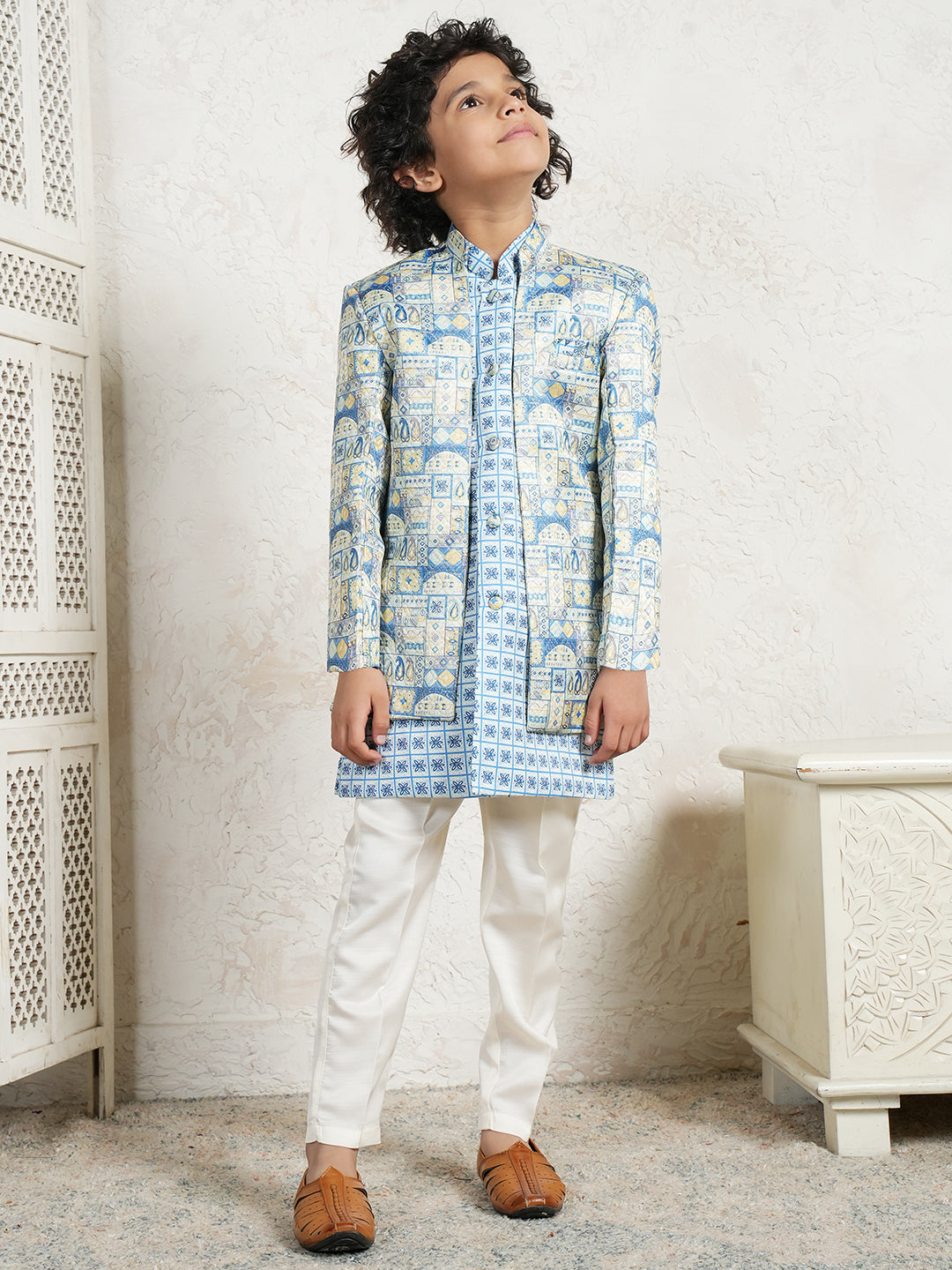 Dark Blue Jacquard Full Sleeves Rich Floral Embroidery Sherwani for boys