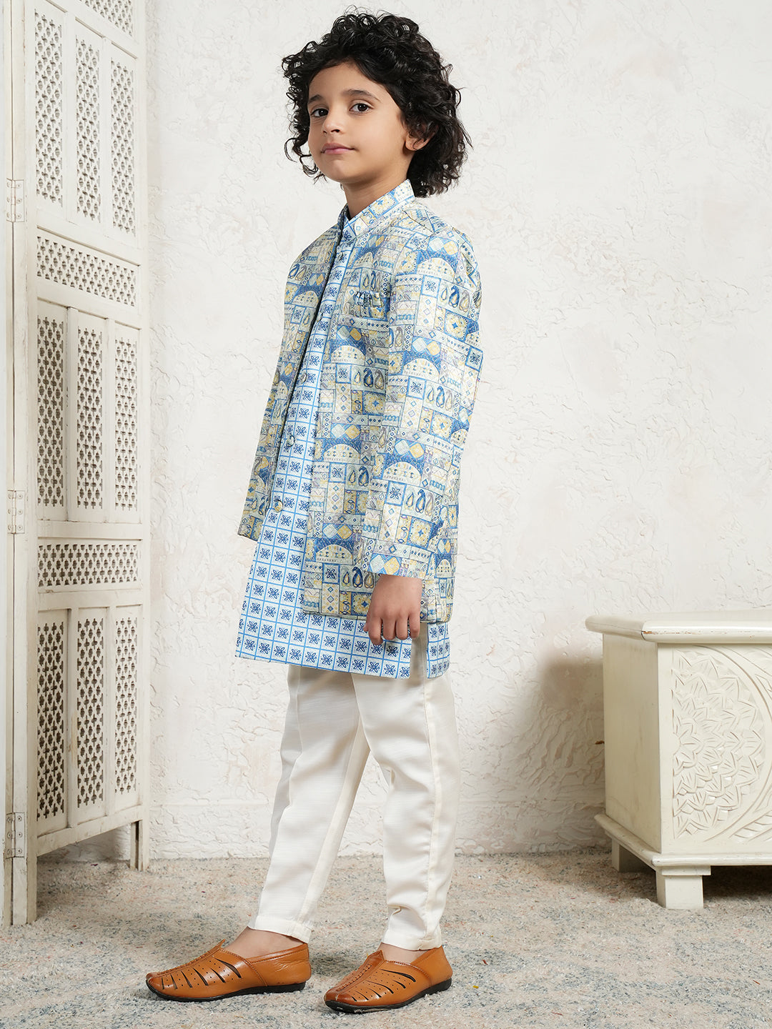 Dark Blue Jacquard Full Sleeves Rich Floral Embroidery Sherwani for boys