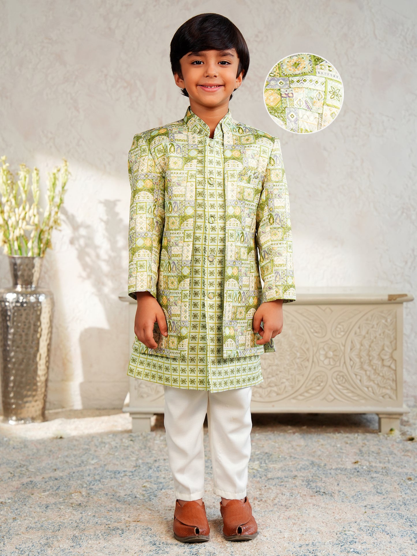 AJ Dezines Green Jacquard Full Sleeves Rich Floral Embroidery Sherwani