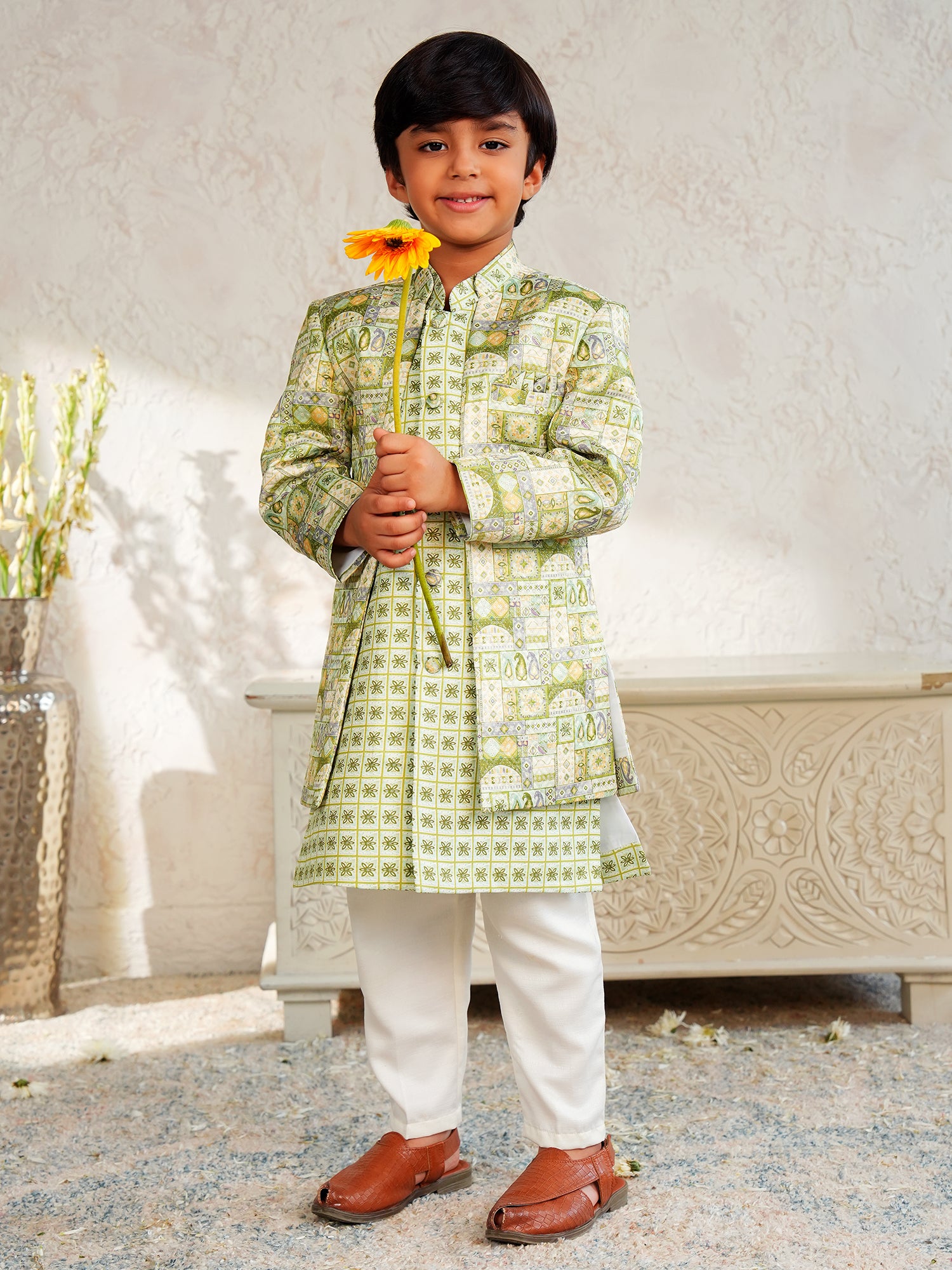 Green Jacquard Full Sleeves Rich Floral Embroidery Sherwani