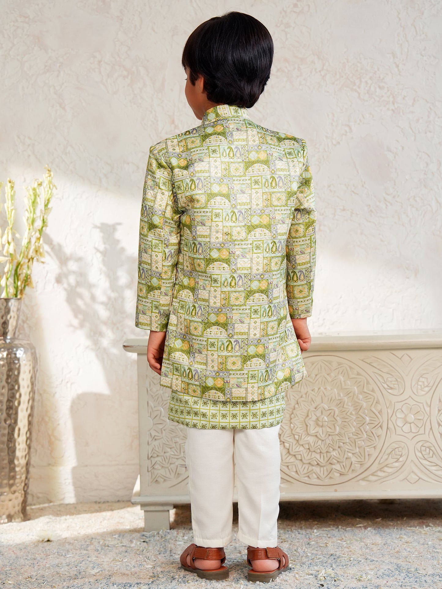 AJ Dezines Green Jacquard Full Sleeves Rich Floral Embroidery Sherwani