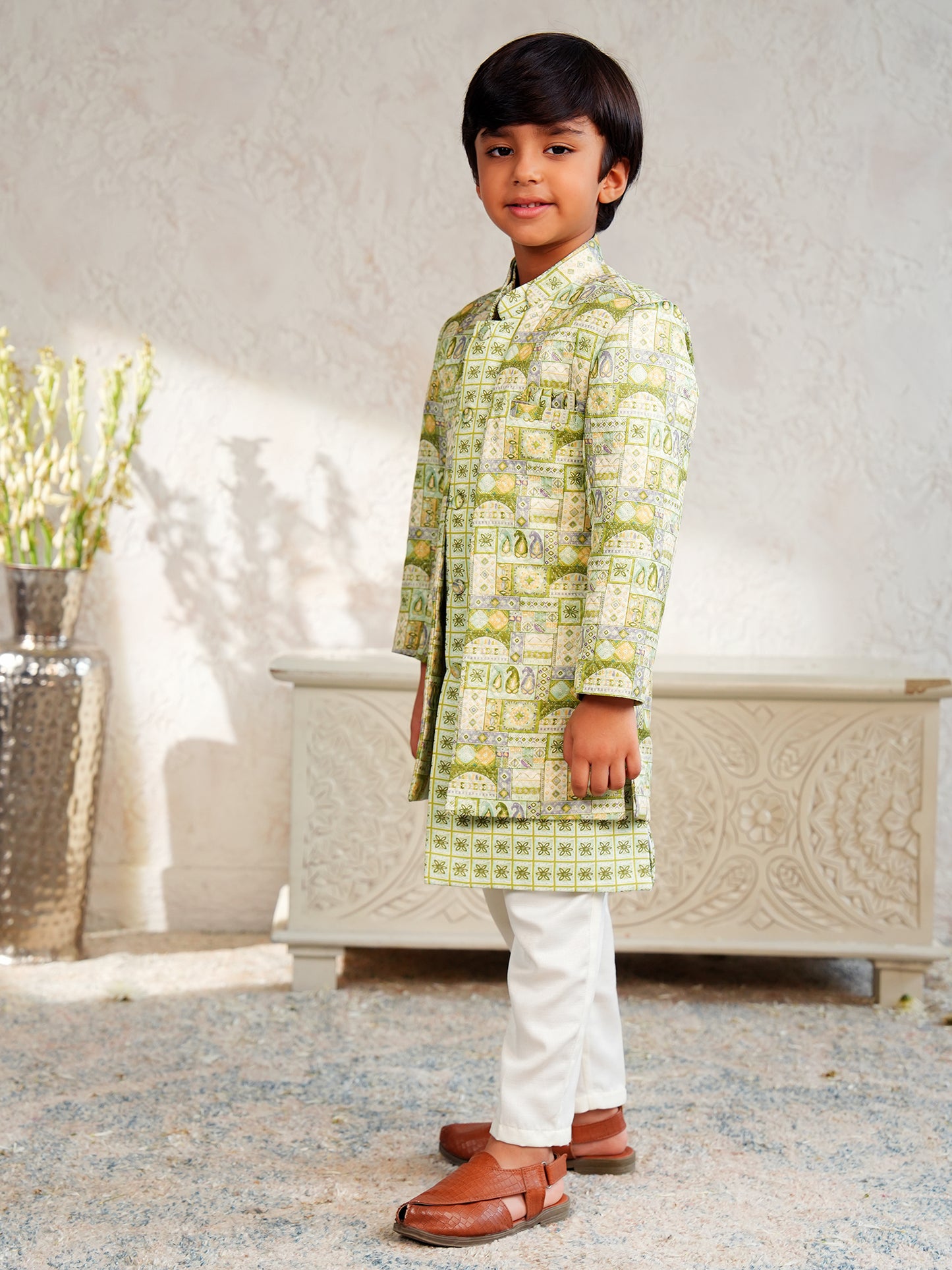 AJ Dezines Green Jacquard Full Sleeves Rich Floral Embroidery Sherwani
