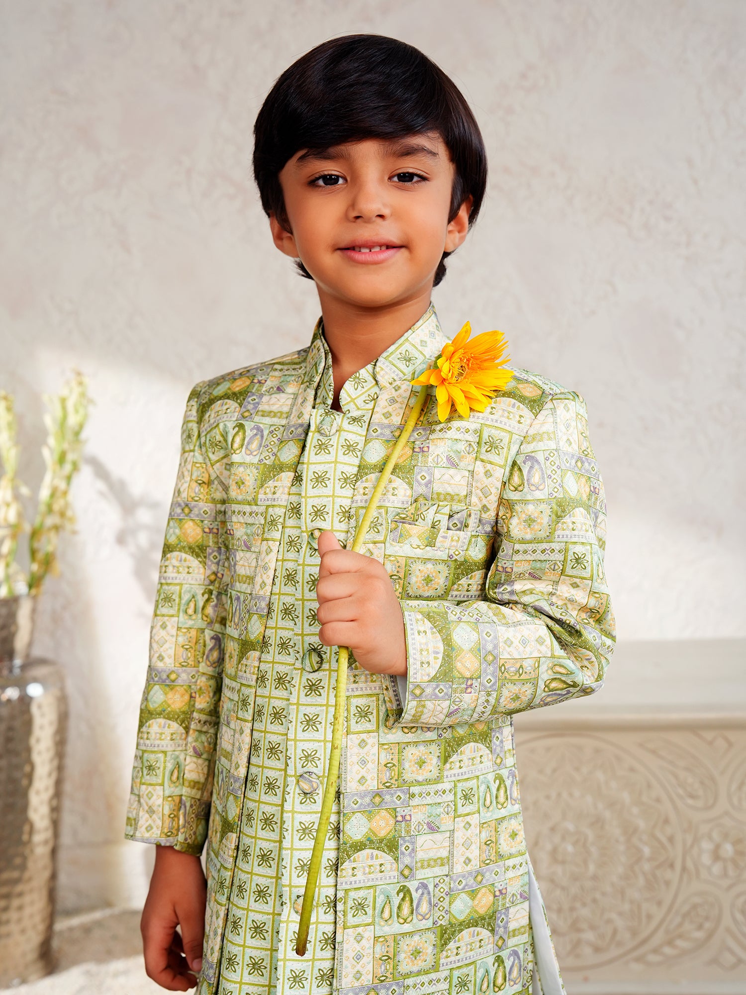 Green Jacquard Full Sleeves Rich Floral Embroidery Sherwani