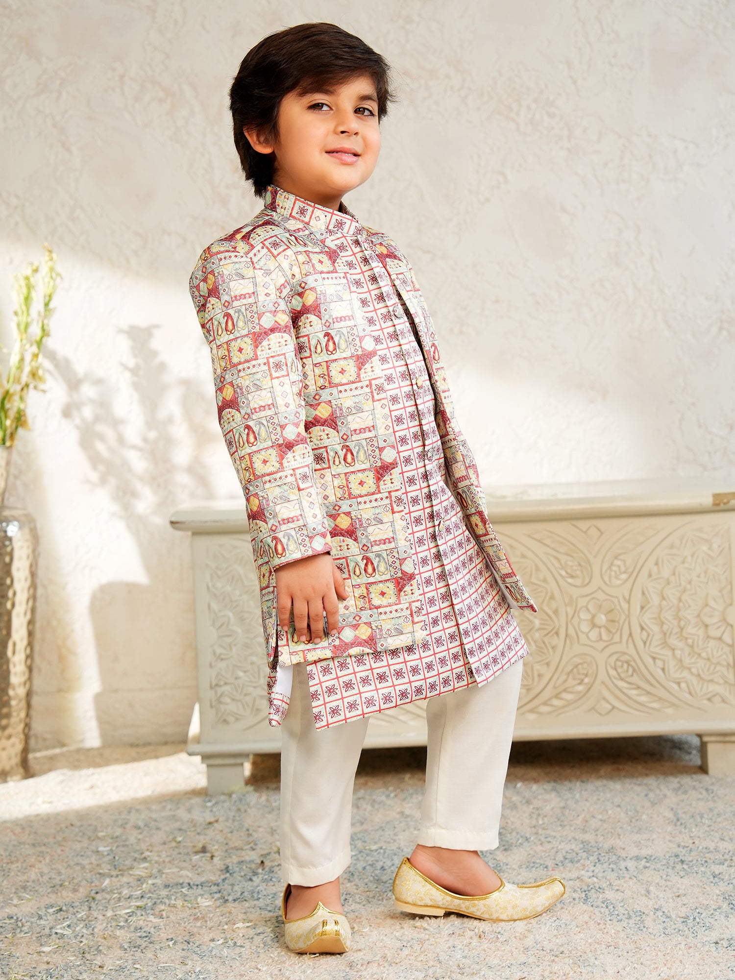 Red Jacquard Full Sleeves Rich Floral Embroidery Sherwani