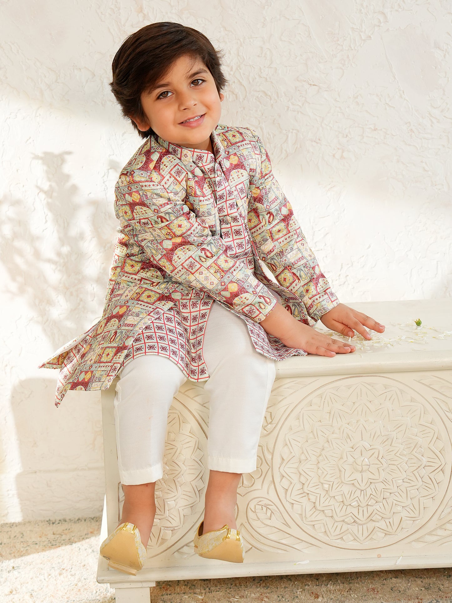 AJ Dezines Red Jacquard Full Sleeves Rich Floral Embroidery Sherwani