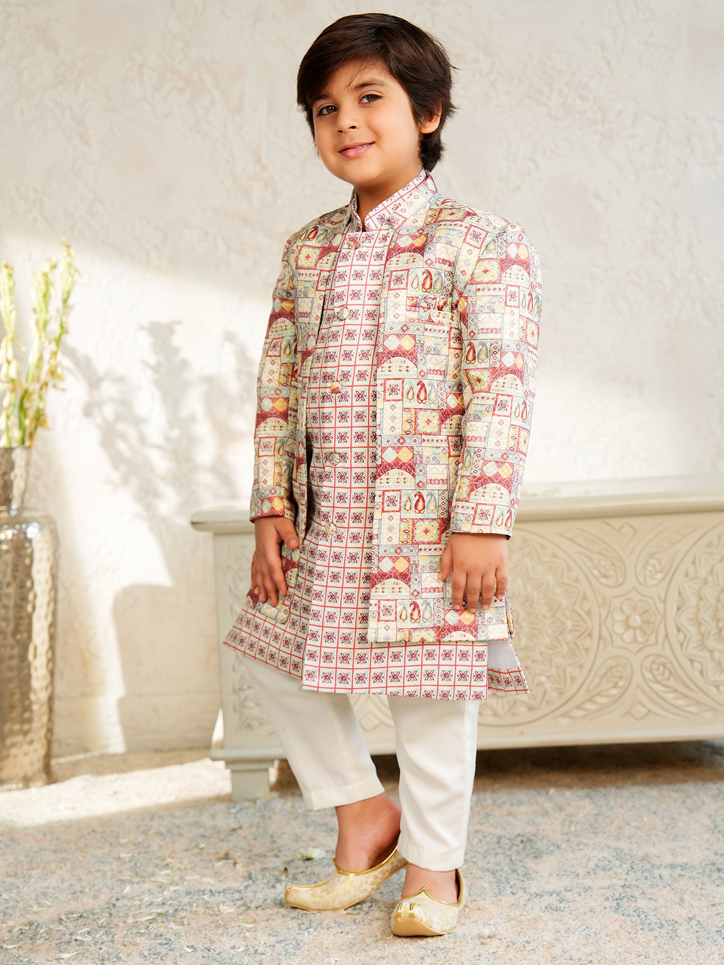 AJ Dezines Red Jacquard Full Sleeves Rich Floral Embroidery Sherwani