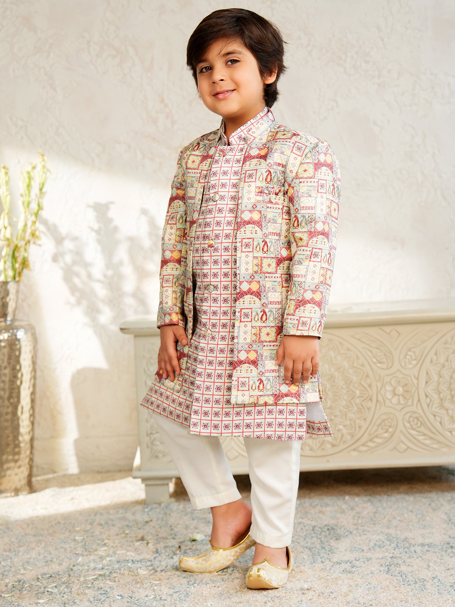 Red Jacquard Full Sleeves Rich Floral Embroidery Sherwani