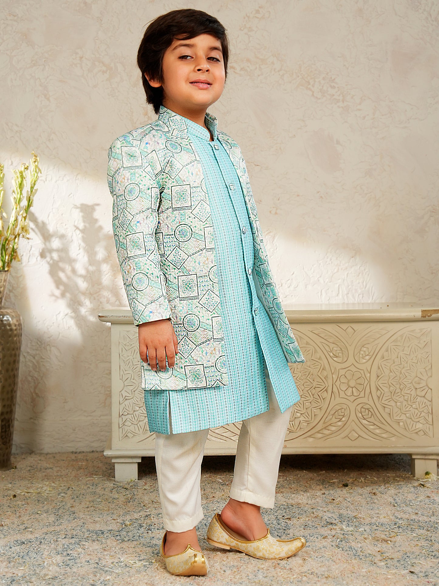 AJ Dezines Sky Blue Jacquard Full Sleeves Rich Embroidery Sherwani