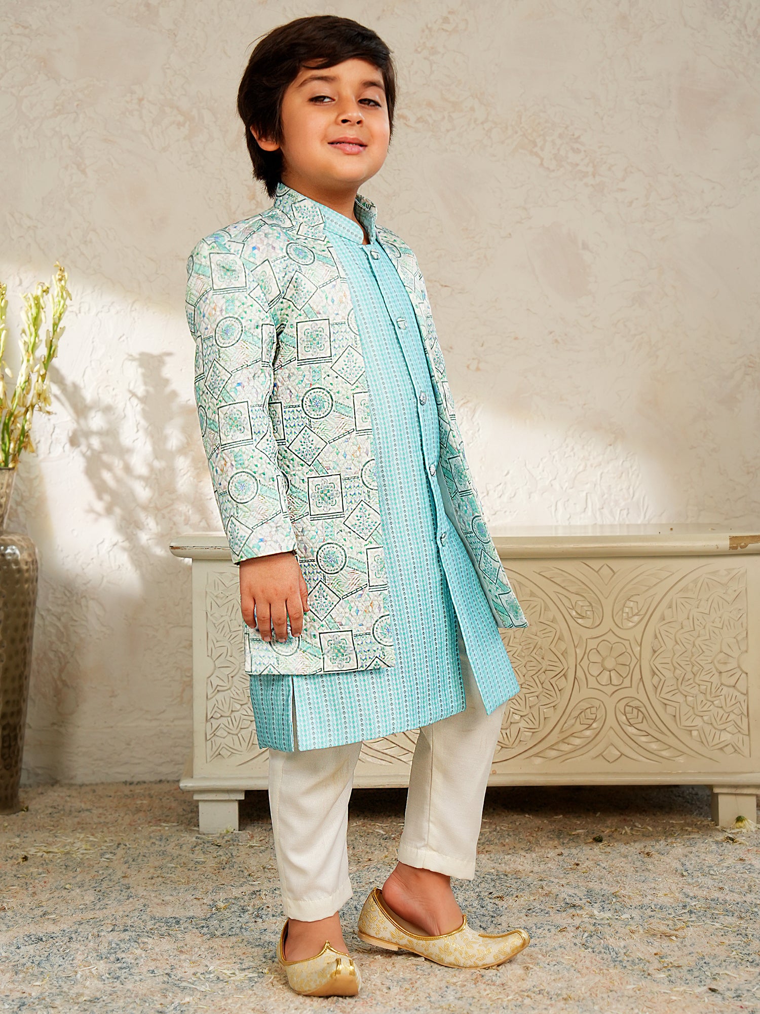 Sky Blue Jacquard Full Sleeves Rich Embroidery Sherwani