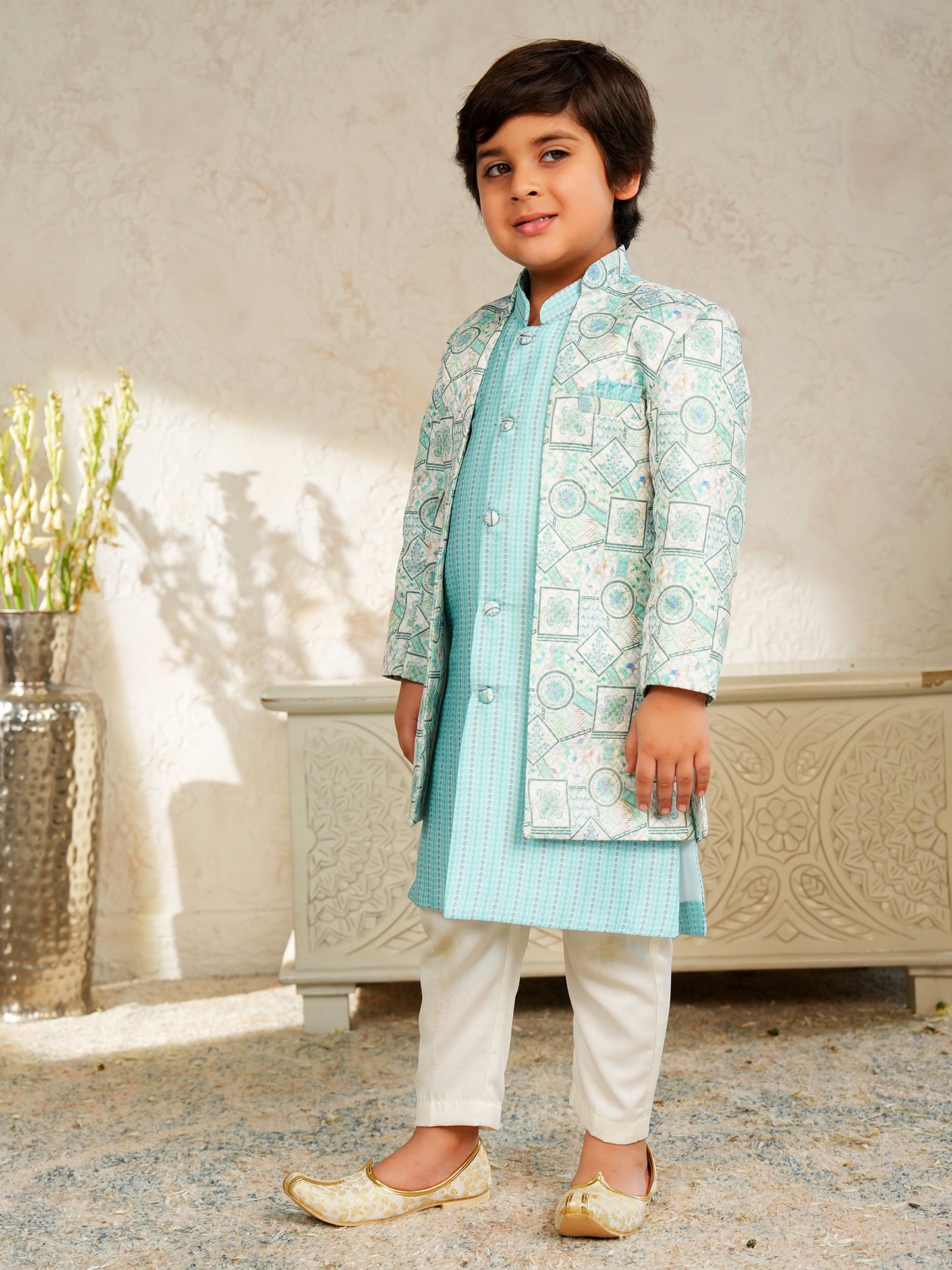 AJ Dezines Sky Blue Jacquard Full Sleeves Rich Embroidery Sherwani
