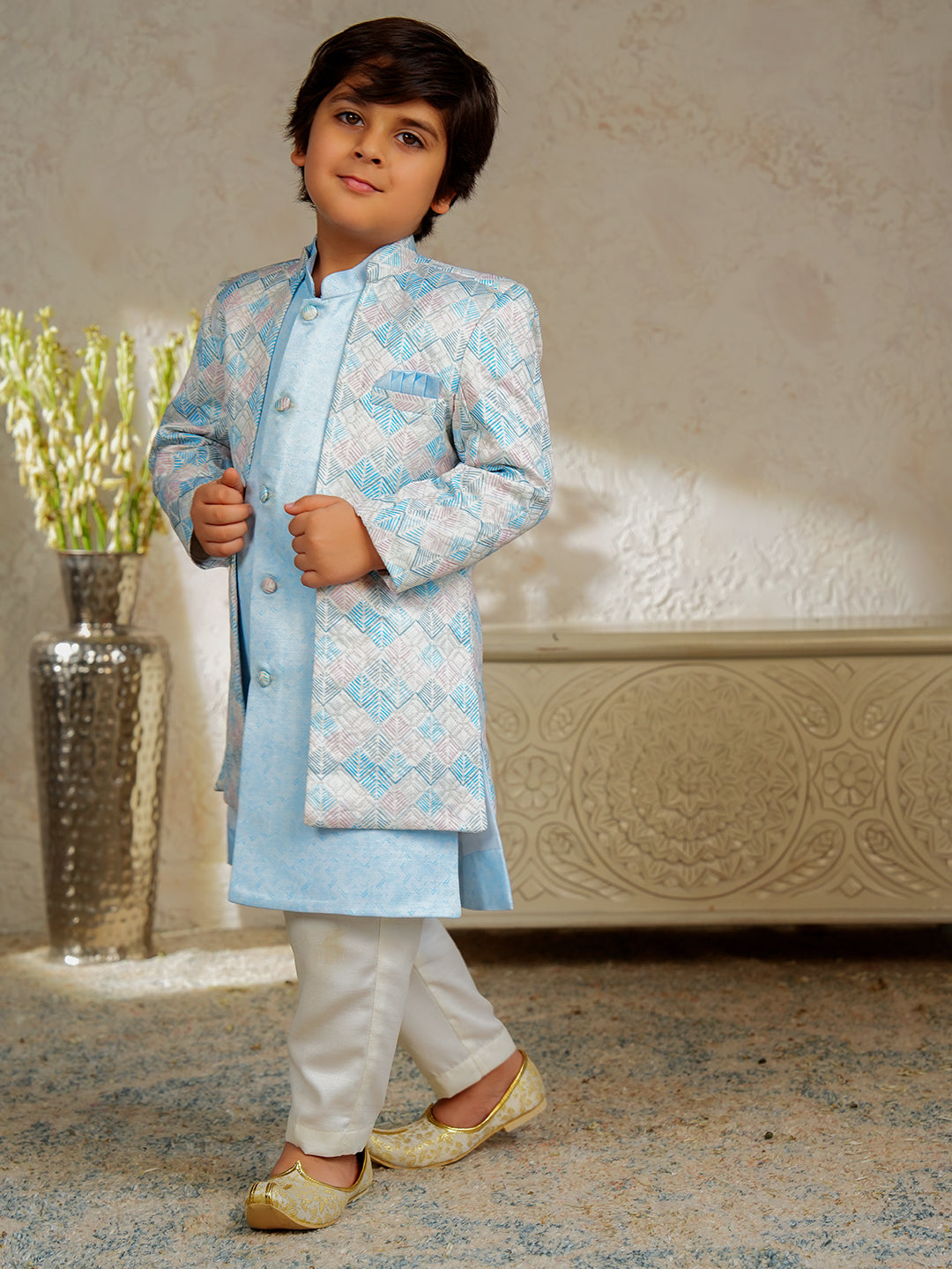 Blue Jacquard Full Sleeves Rich Embroidery Sherwani
