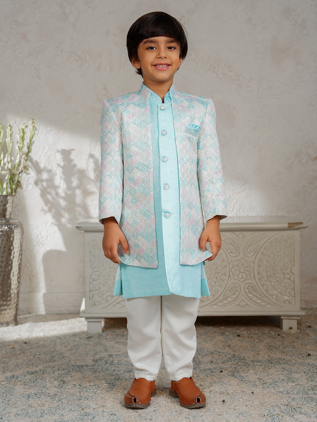 Sky Blue Jacquard Full Sleeves Rich Embroidery Sherwani