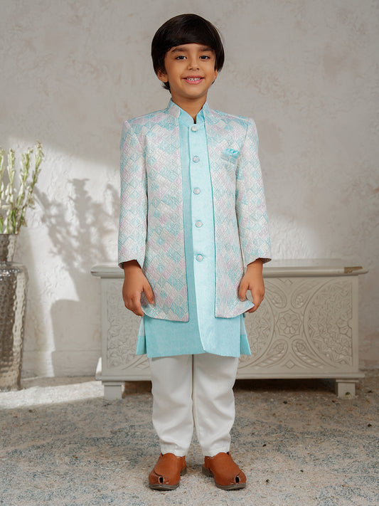 AJ Dezines Sky Blue Jacquard Full Sleeves Rich Embroidery Sherwani