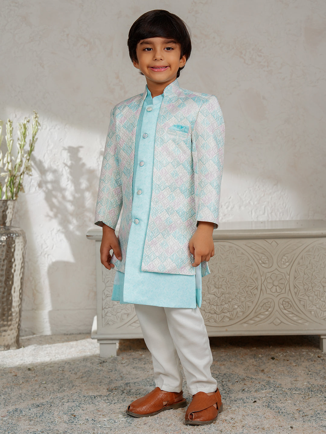 Sky Blue Jacquard Full Sleeves Rich Embroidery Sherwani