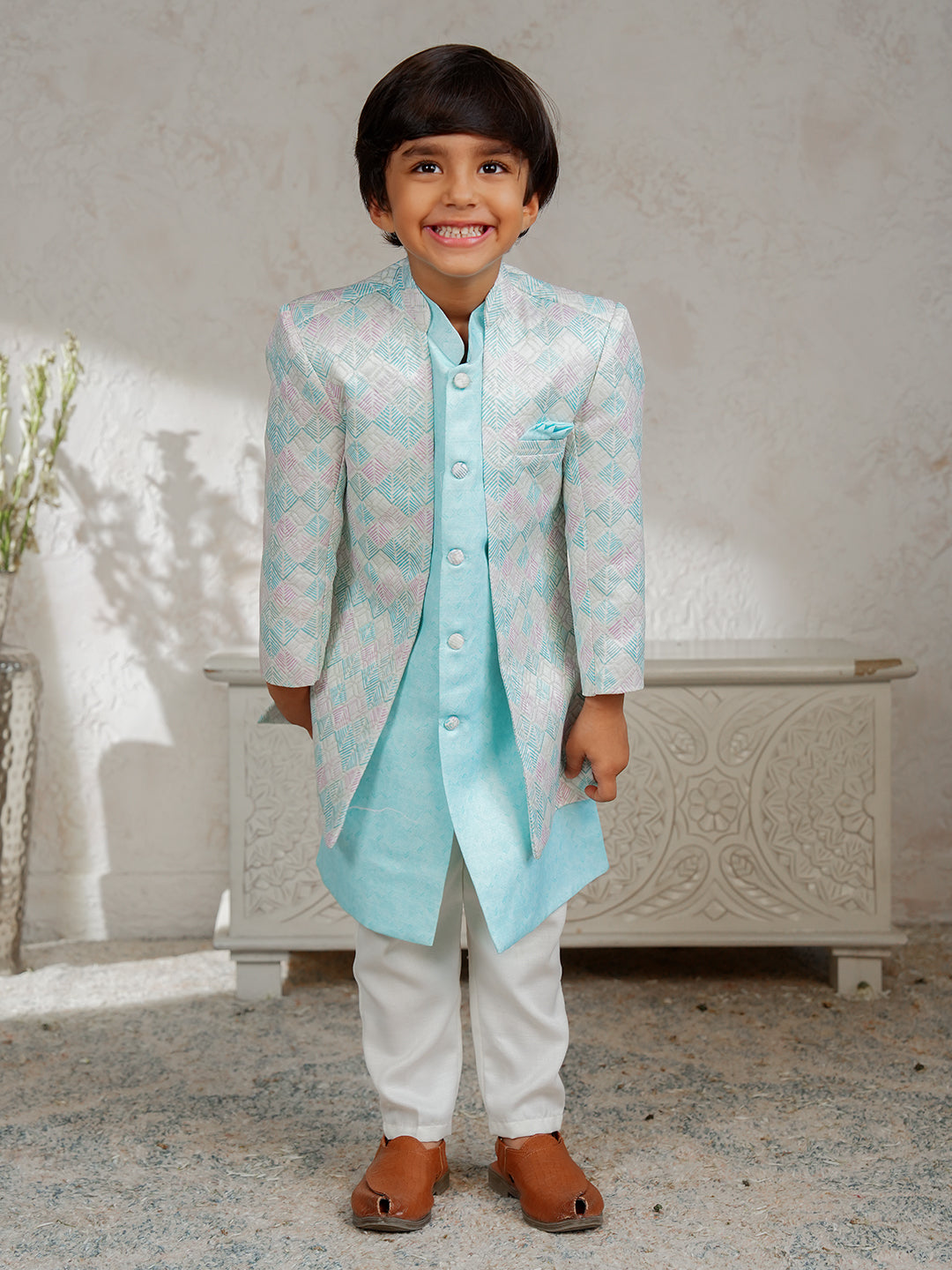 Sky Blue Jacquard Full Sleeves Rich Embroidery Sherwani