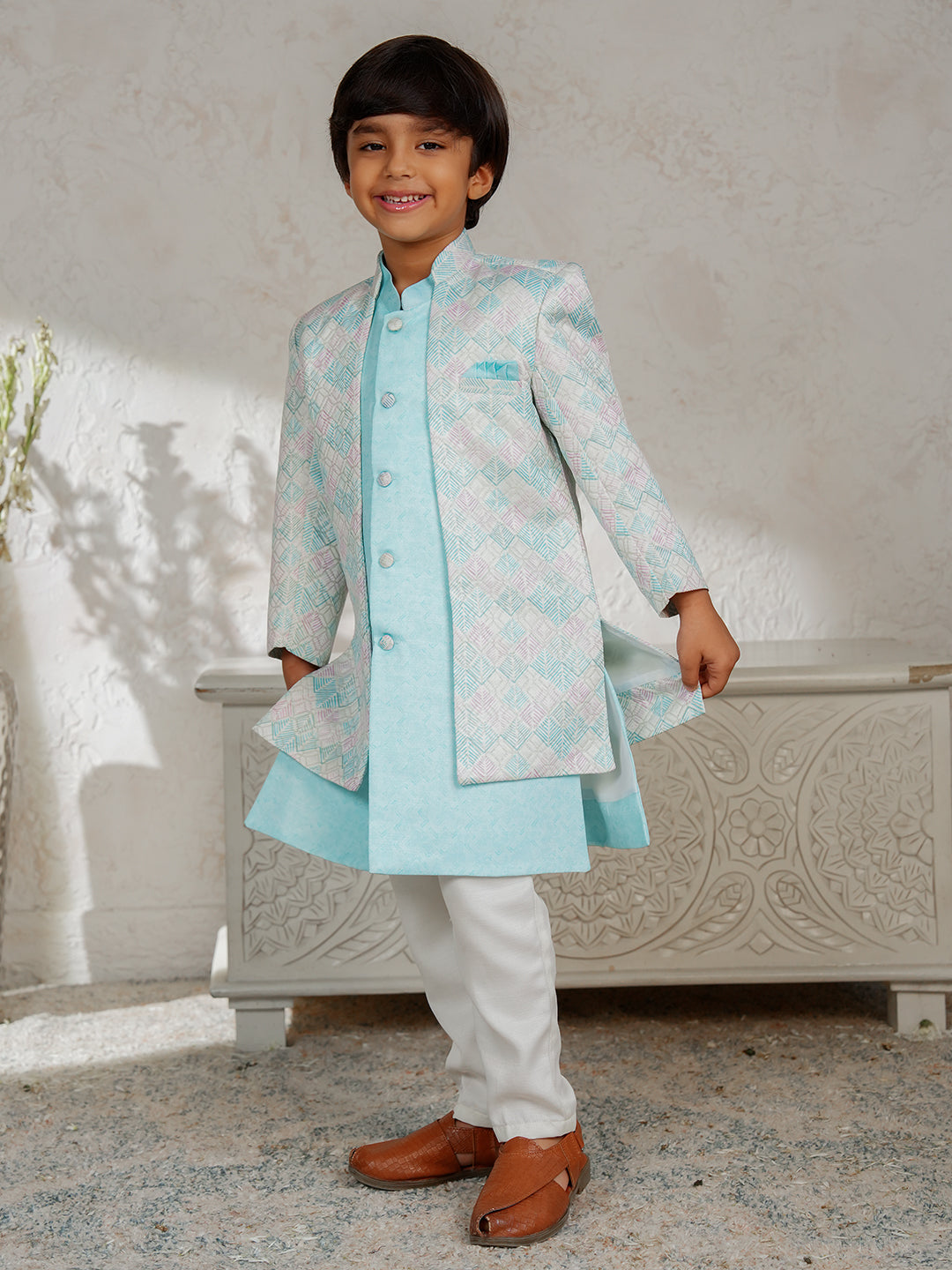 Sky Blue Jacquard Full Sleeves Rich Embroidery Sherwani