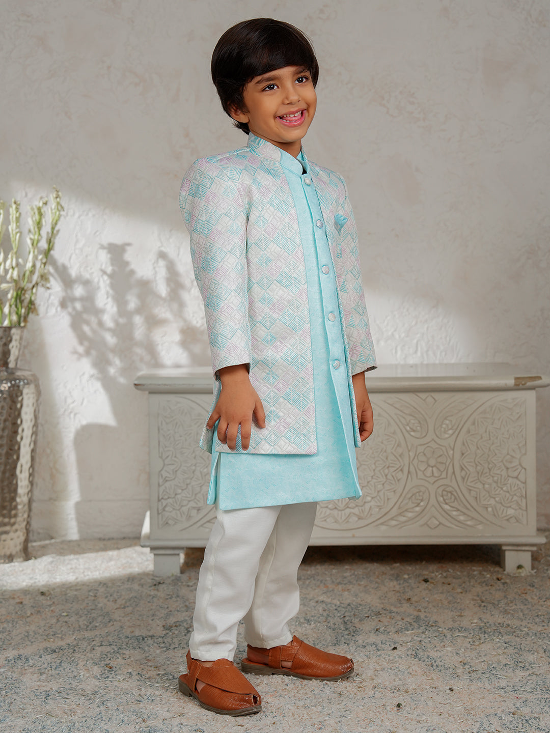 Sky Blue Jacquard Full Sleeves Rich Embroidery Sherwani