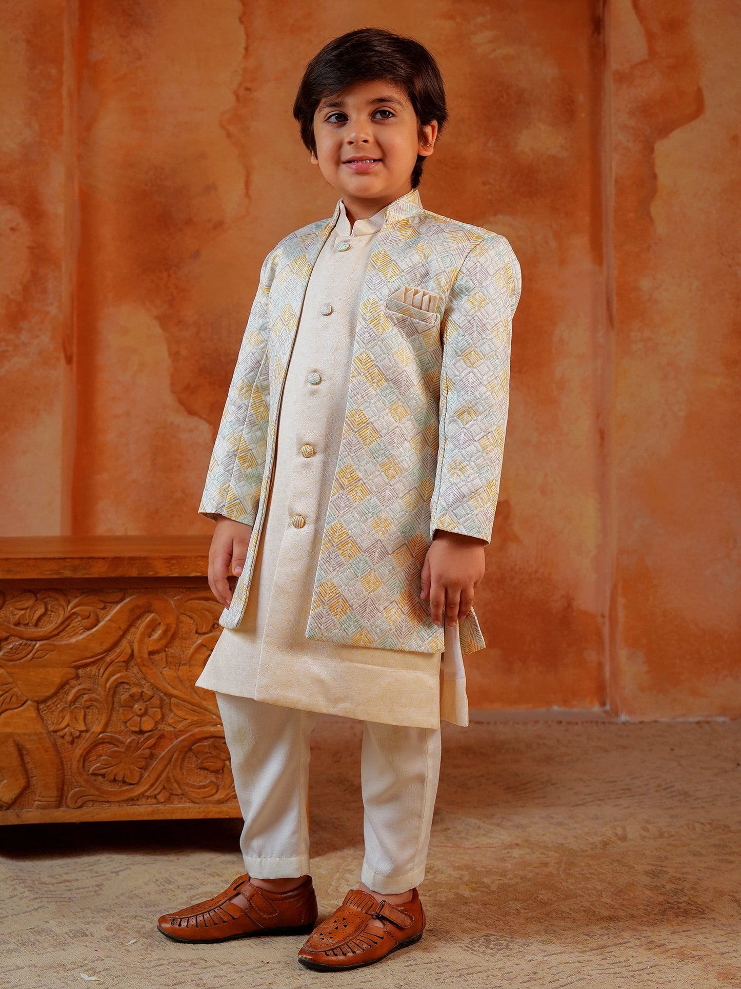 AJ Dezines Yellow Jacquard Full Sleeves Rich Embroidery Sherwani