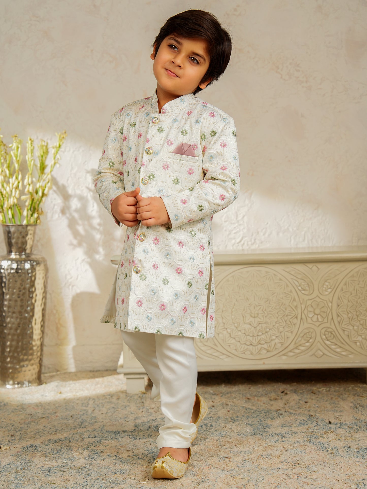 AJ Dezines Multi Color Jacquard Full Sleeves Sequins and Embroidery Sherwani