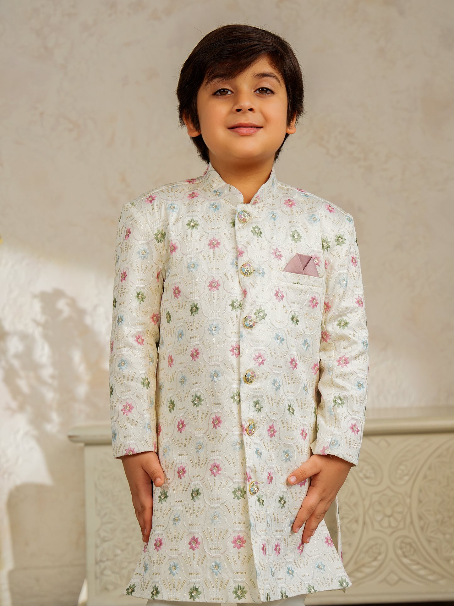 AJ Dezines Multi Color Jacquard Full Sleeves Sequins and Embroidery Sherwani