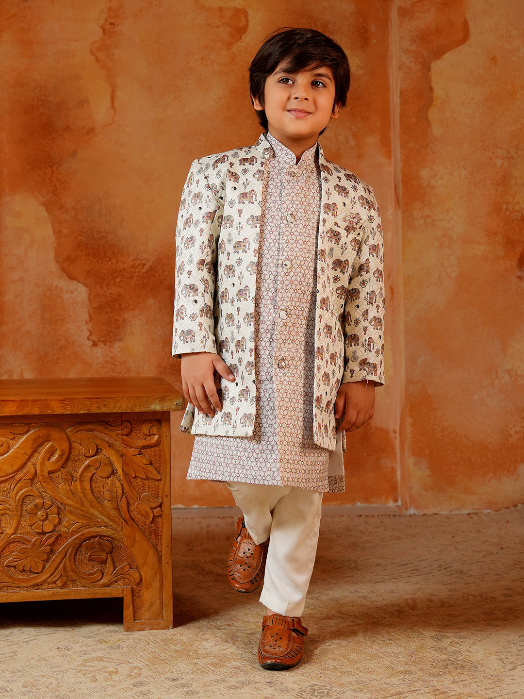 AJ Dezines BROWN Jacquard Full Sleeves Rich Elephant Embroidery Sherwani