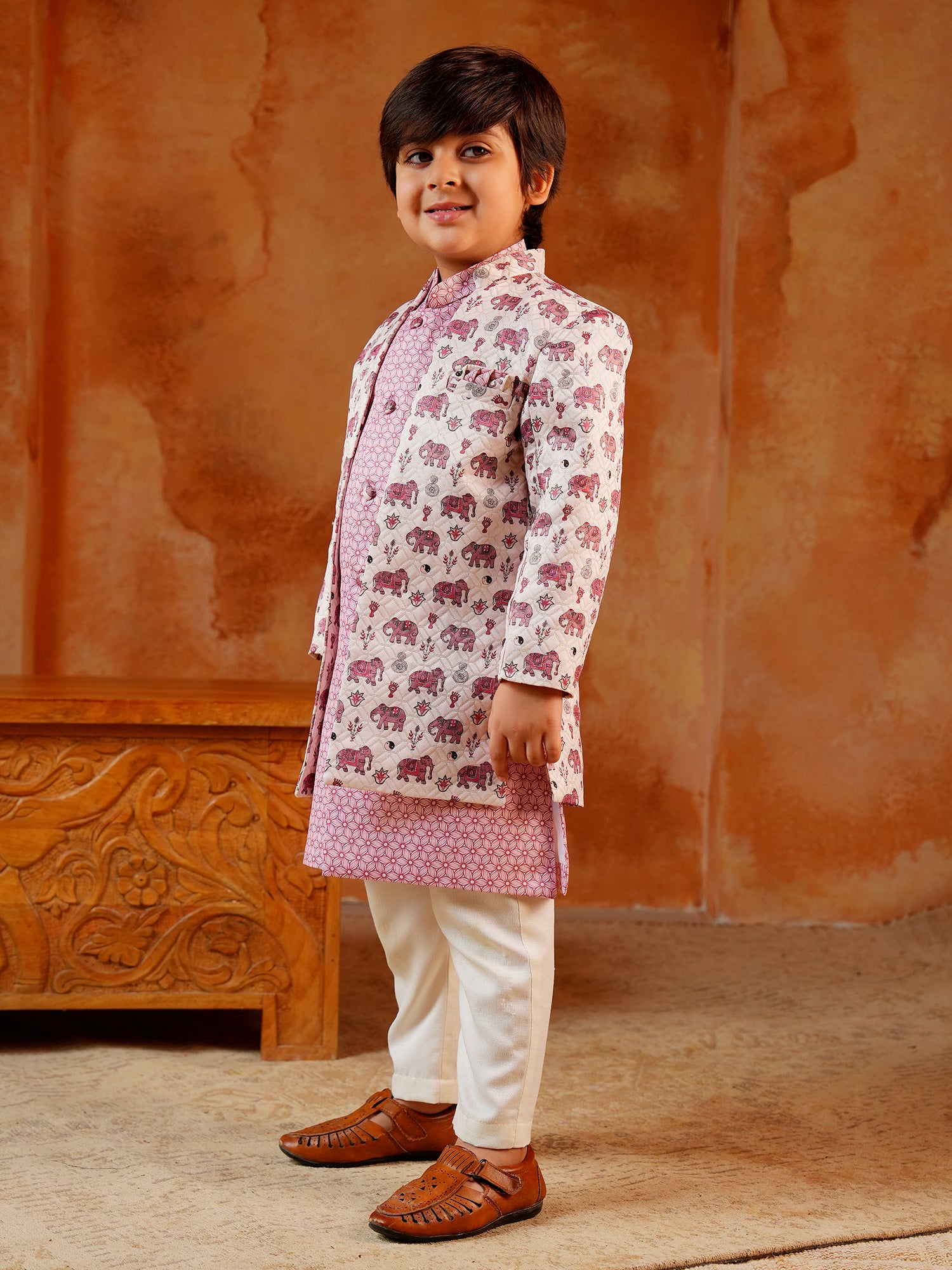 Pink Jacquard Full Sleeves Rich Elephant Embroidery Sherwani
