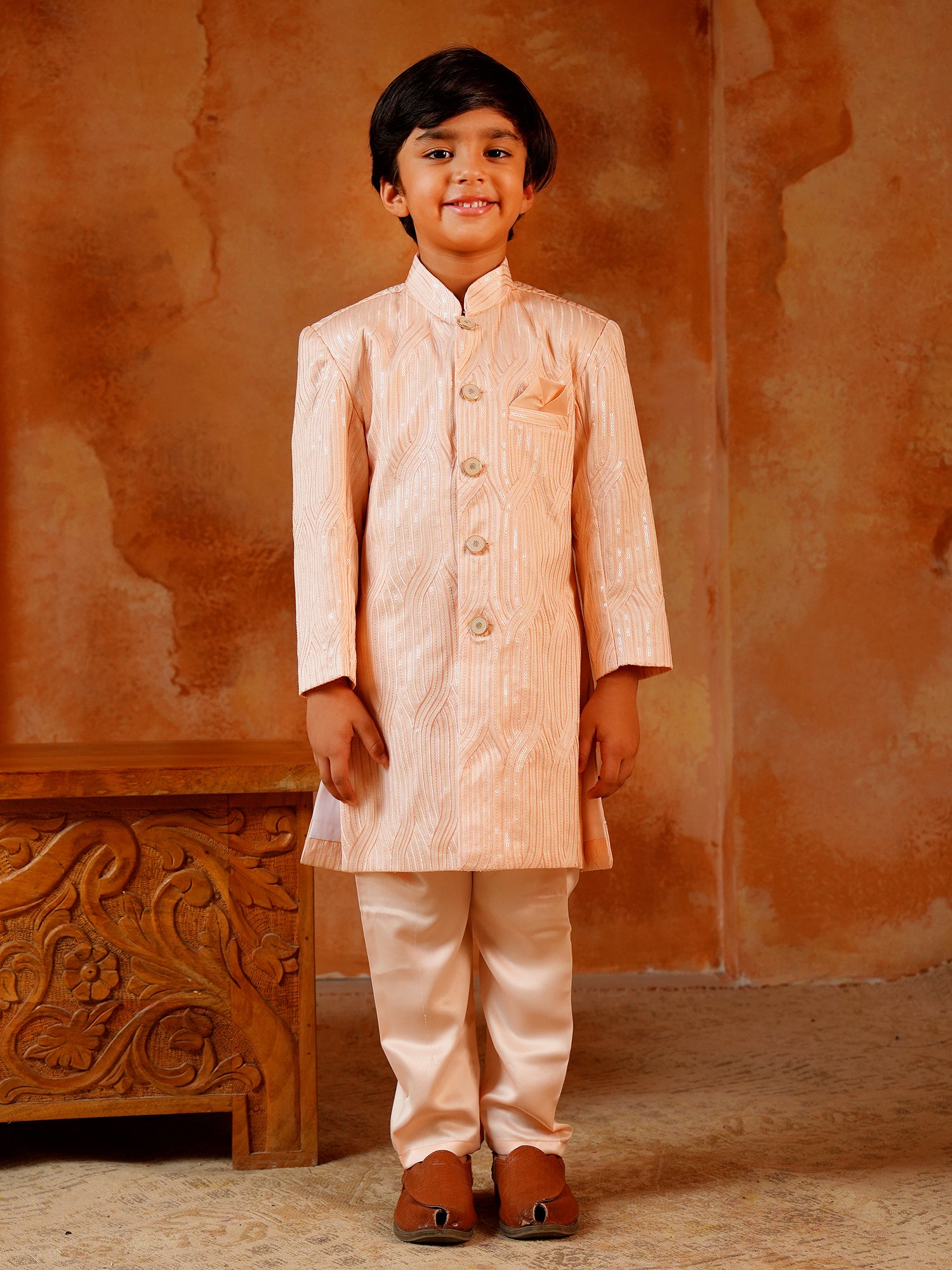 Peach Jacquard Full Sleeves Sequins and Embroidery Sherwani
