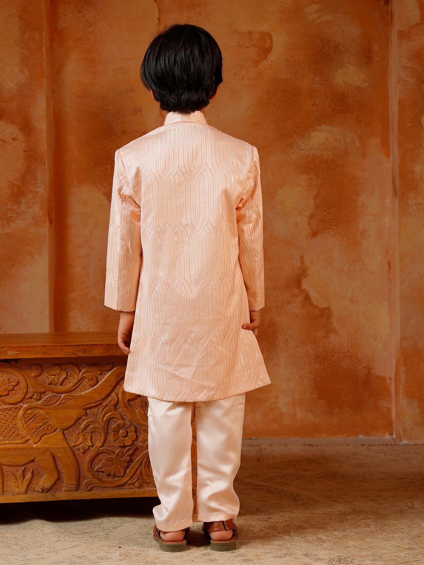 AJ Dezines Peach Jacquard Full Sleeves Sequins and Embroidery Sherwani