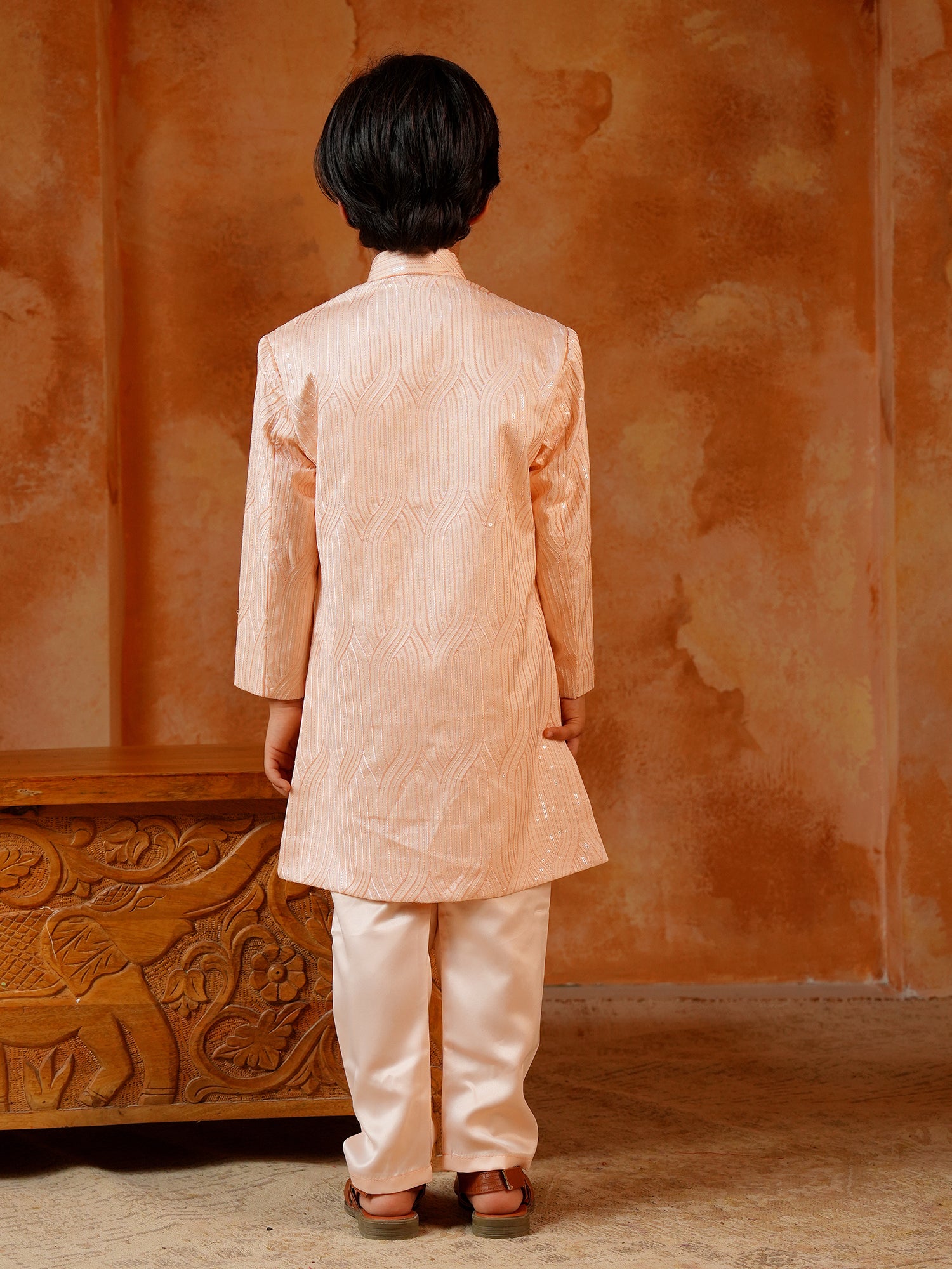Peach Jacquard Full Sleeves Sequins and Embroidery Sherwani