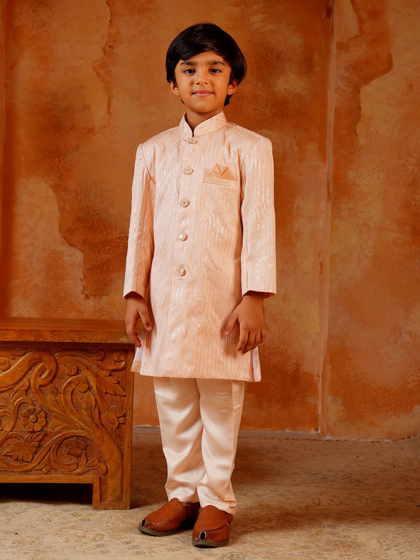 AJ Dezines Peach Jacquard Full Sleeves Sequins and Embroidery Sherwani