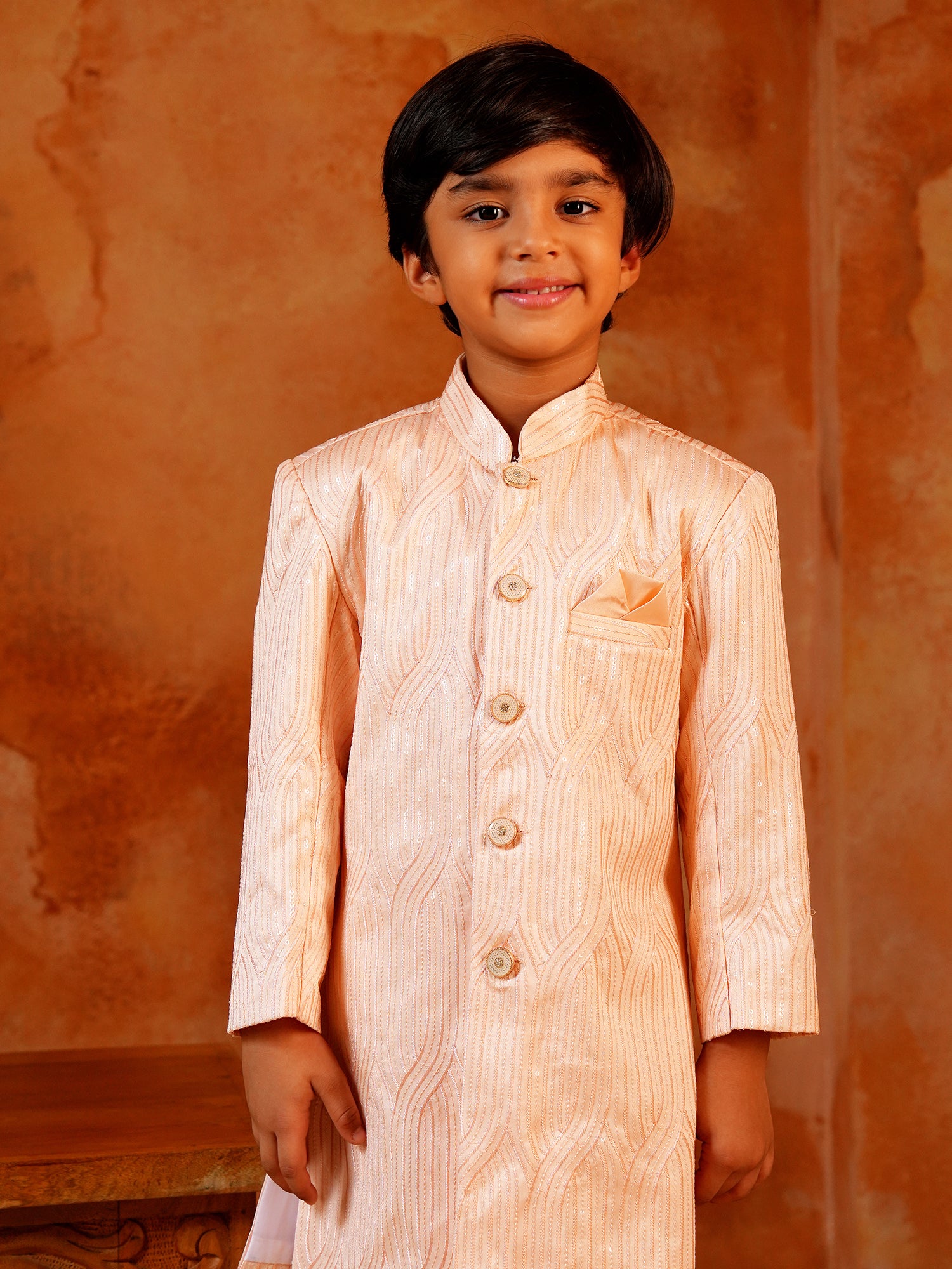 Peach Jacquard Full Sleeves Sequins and Embroidery Sherwani