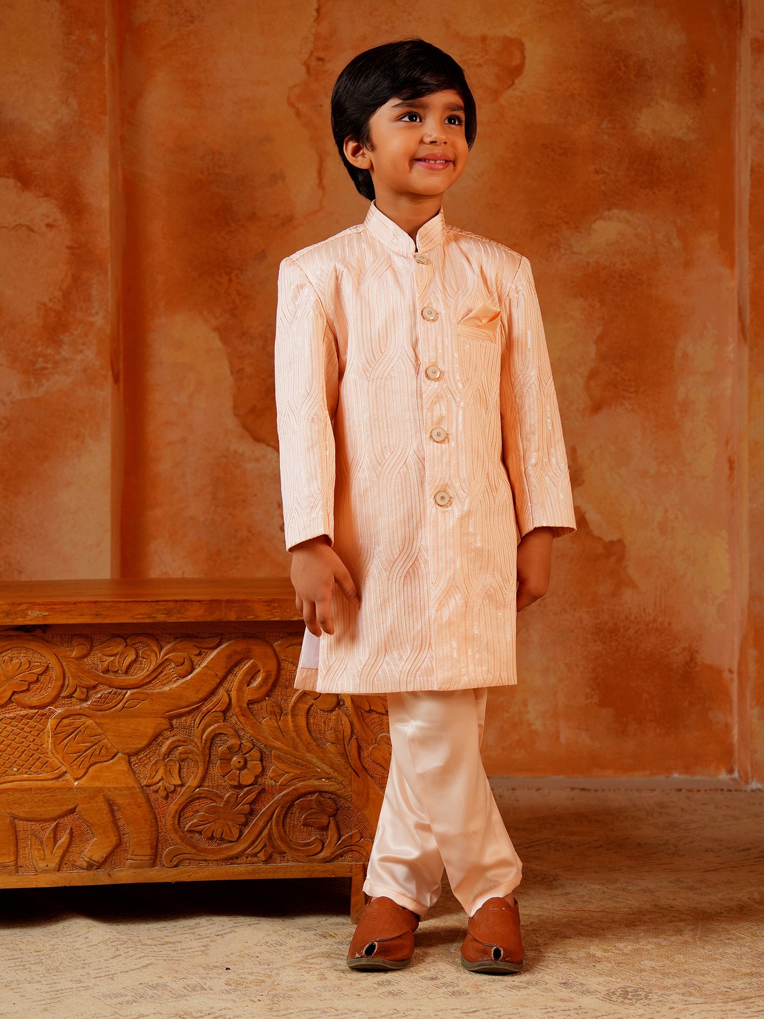 Peach Jacquard Full Sleeves Sequins and Embroidery Sherwani