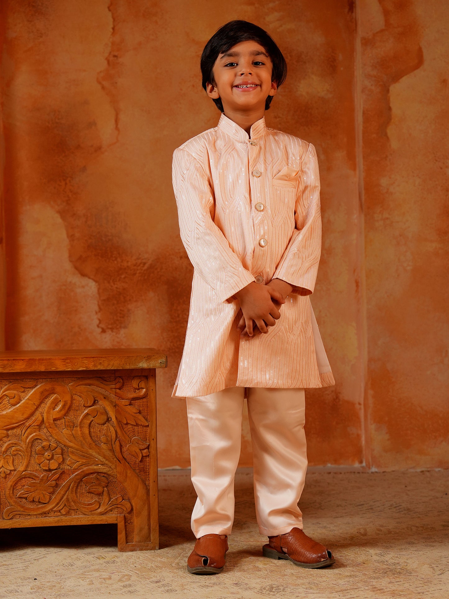 AJ Dezines Peach Jacquard Full Sleeves Sequins and Embroidery Sherwani