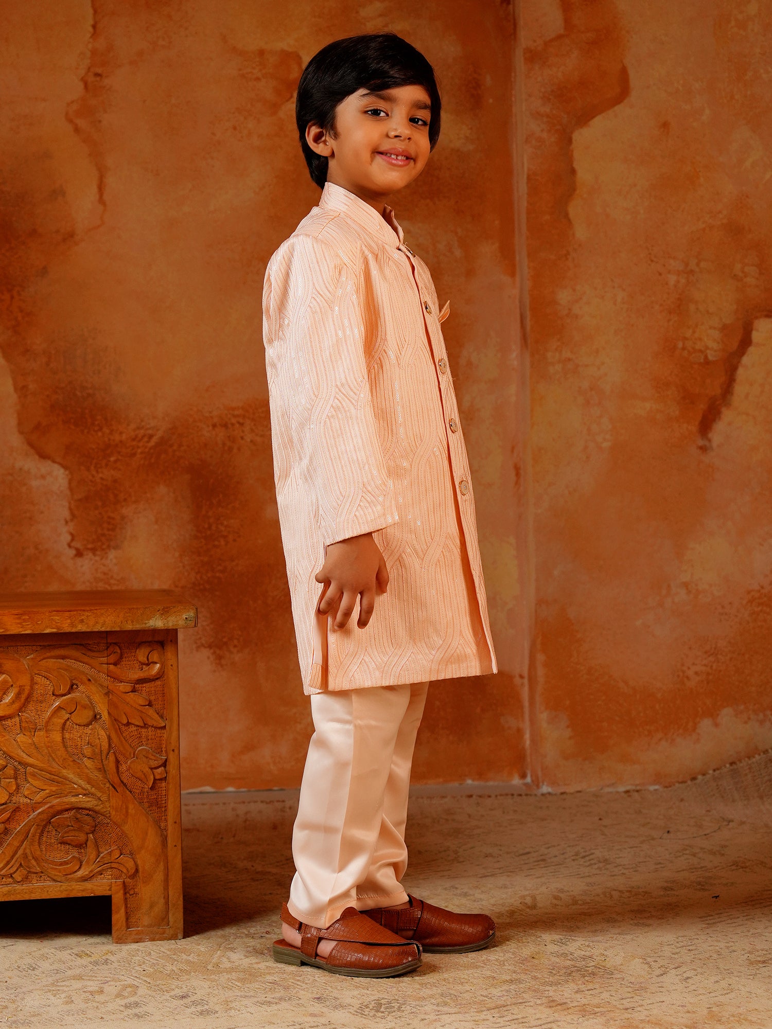 Peach Jacquard Full Sleeves Sequins and Embroidery Sherwani