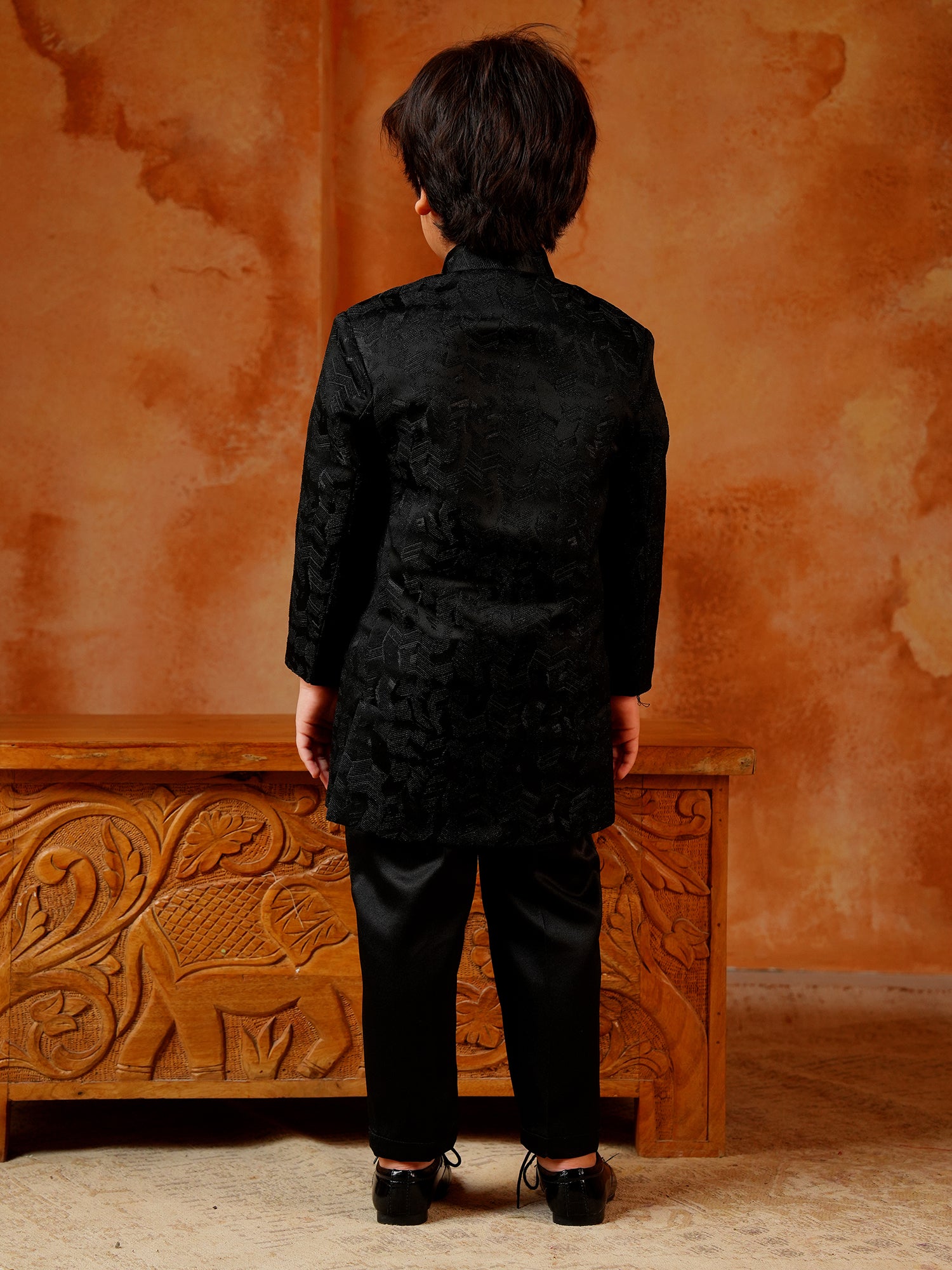 Black Jacquard Full Sleeves Sequins and Embroidery Sherwani