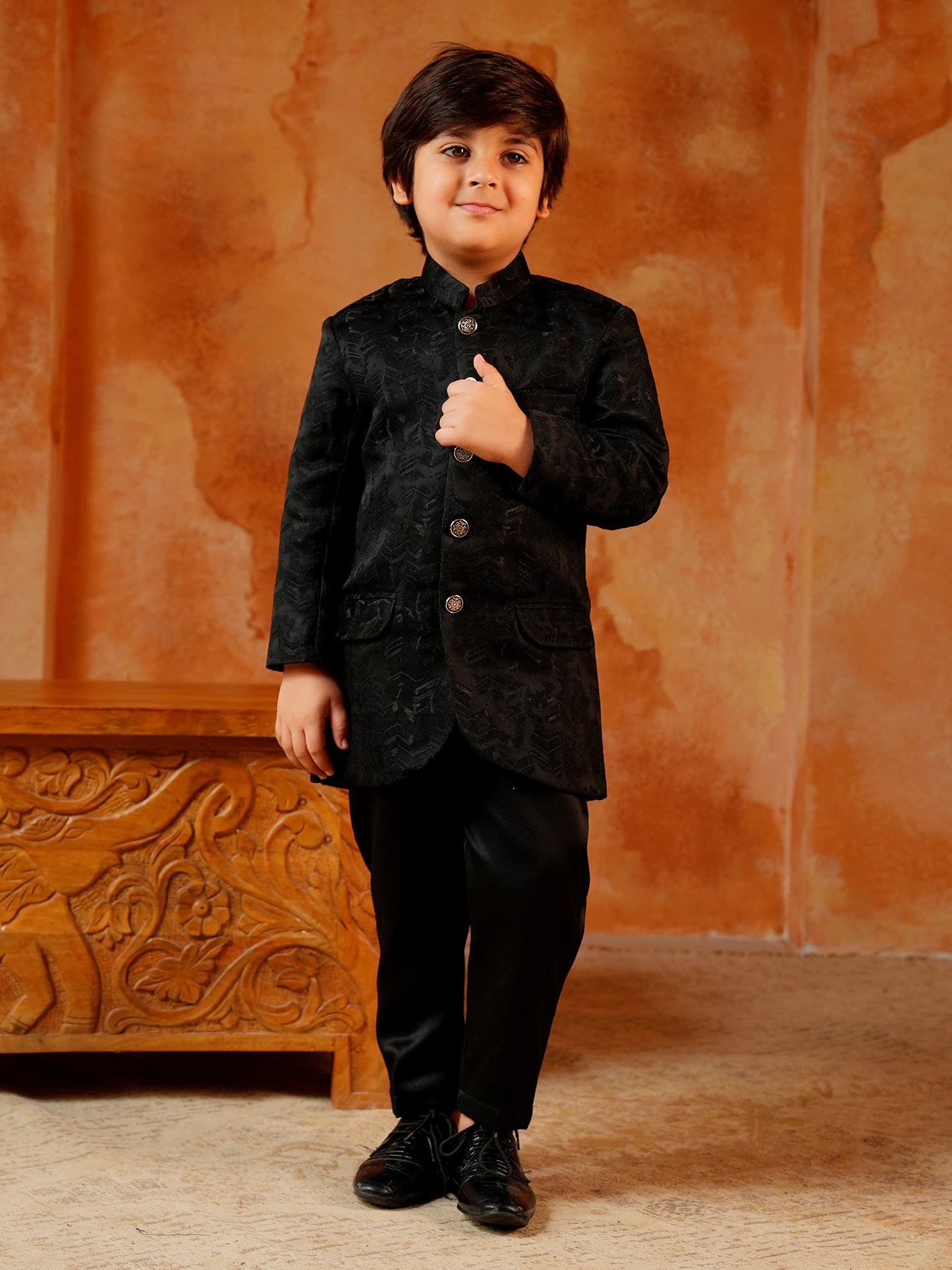 AJ Dezines Black Jacquard Full Sleeves Sequins and Embroidery Sherwani