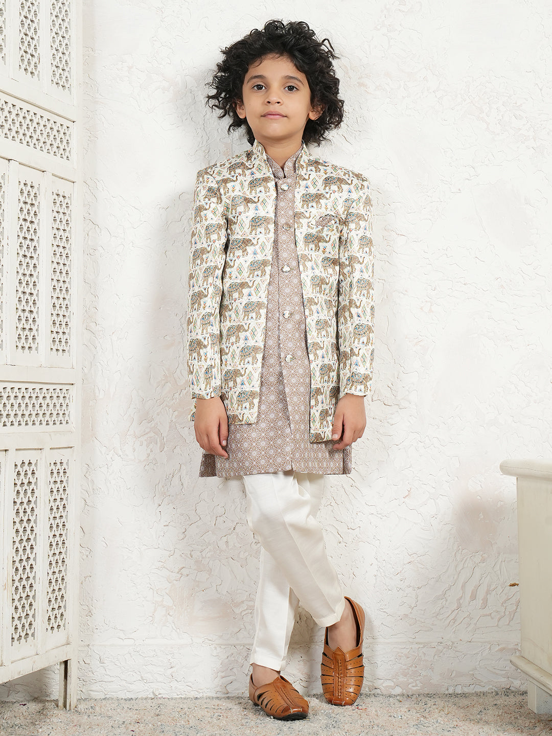 AJ Dezines Brown Jacquard Full Sleeves Rich Elephant Embroidery Sherwani