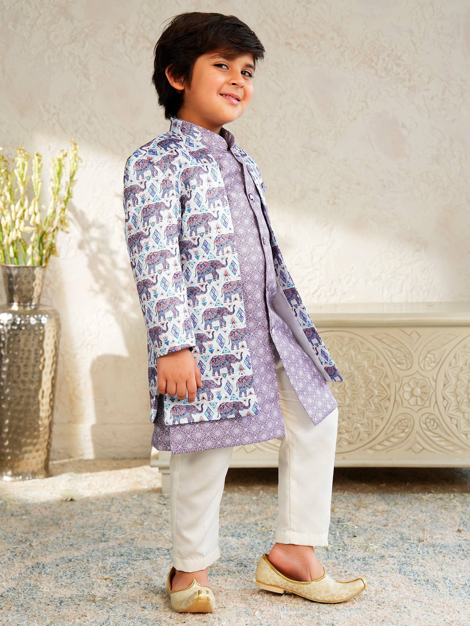 Purple Jacquard Full Sleeves Rich Elephant Embroidery Sherwani