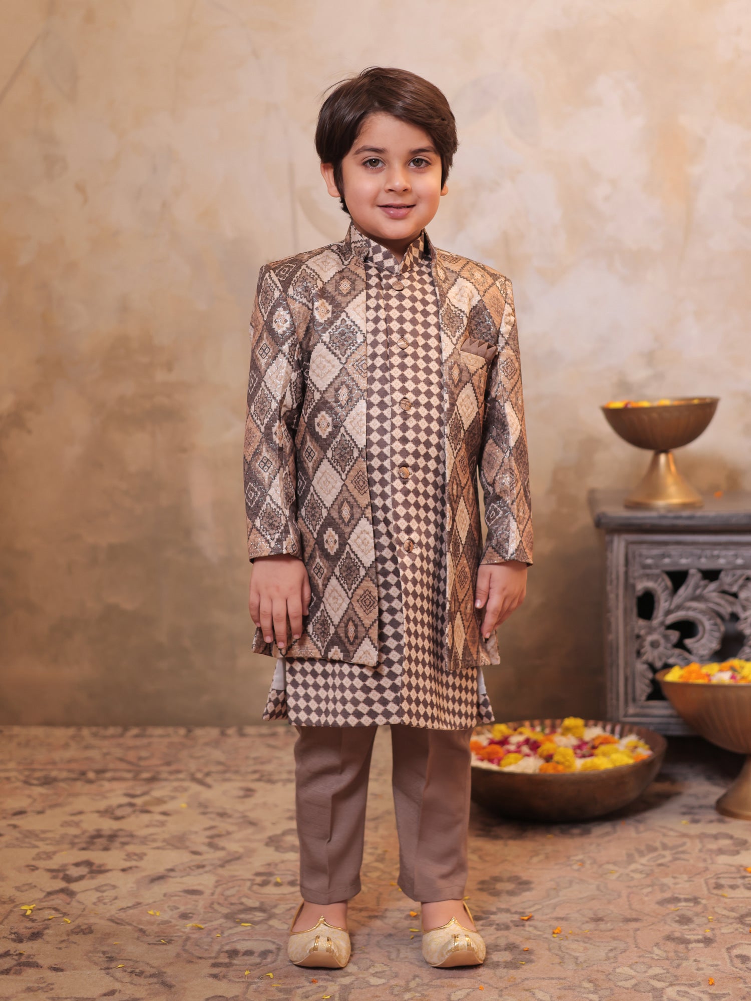 Boys Brown Jacquard Full Sleeves Rich Embroidery Sherwani