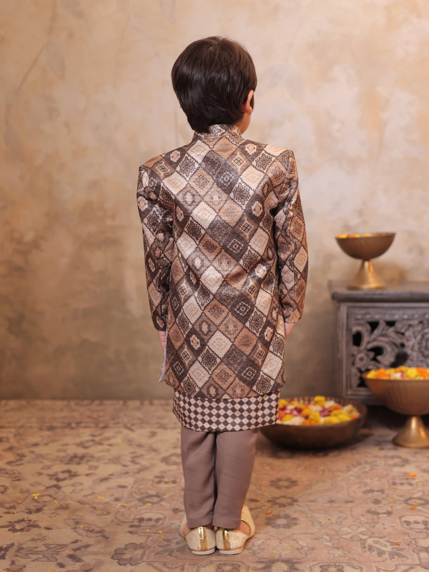 Boys Brown Jacquard Full Sleeves Rich Embroidery Sherwani
