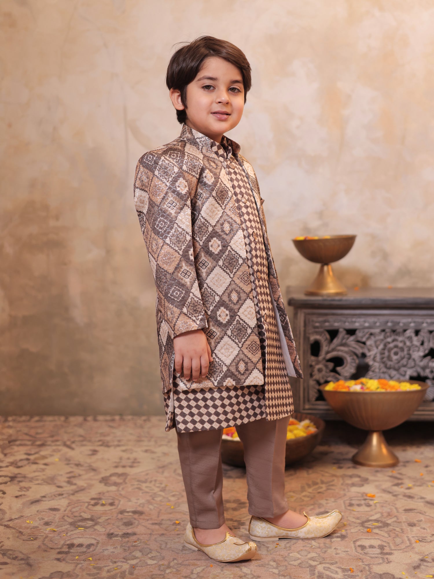 Boys Brown Jacquard Full Sleeves Rich Embroidery Sherwani