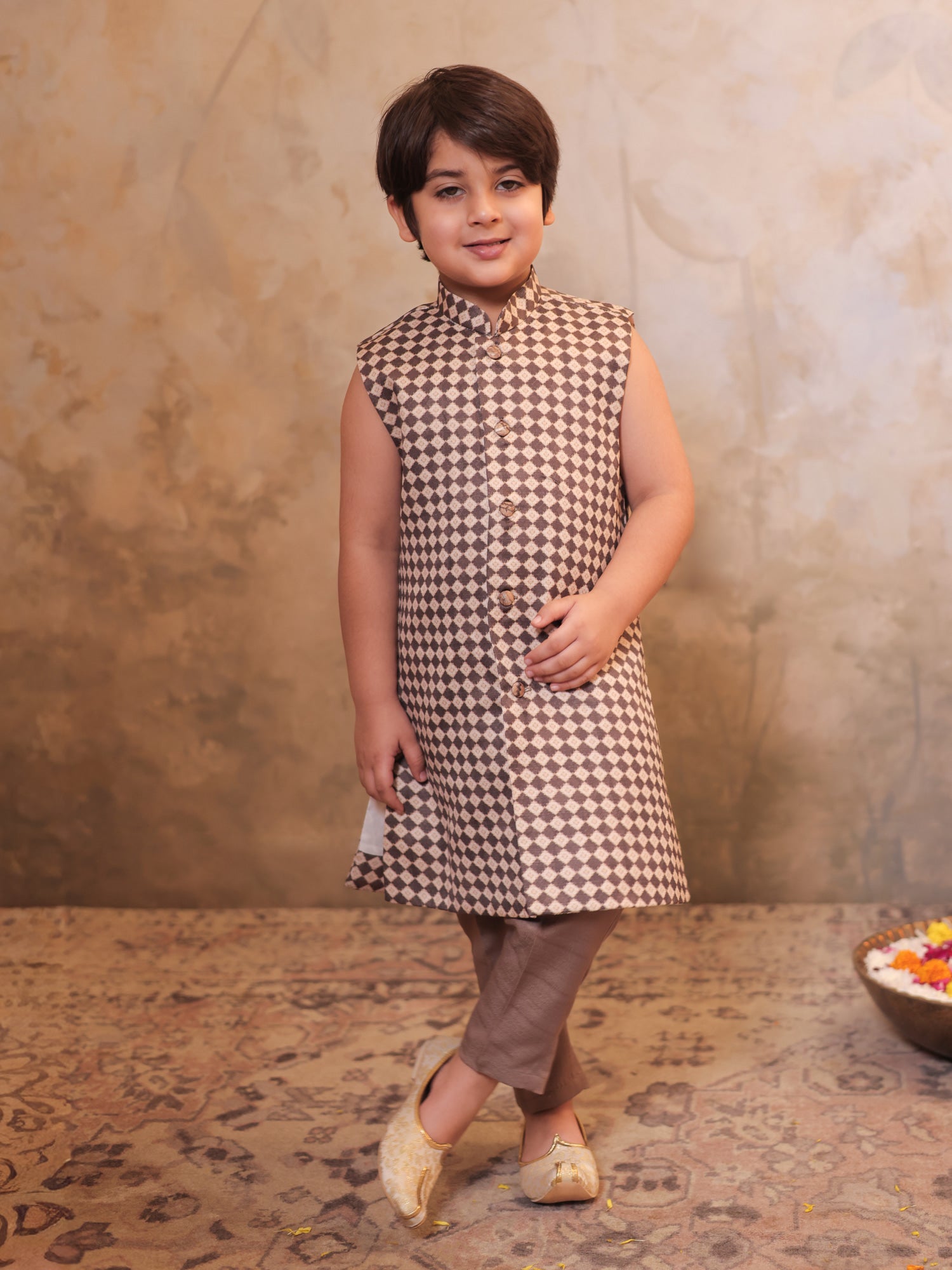 Boys Brown Jacquard Full Sleeves Rich Embroidery Sherwani