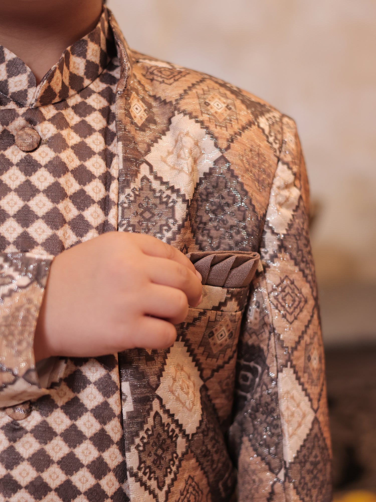 Boys Brown Jacquard Full Sleeves Rich Embroidery Sherwani