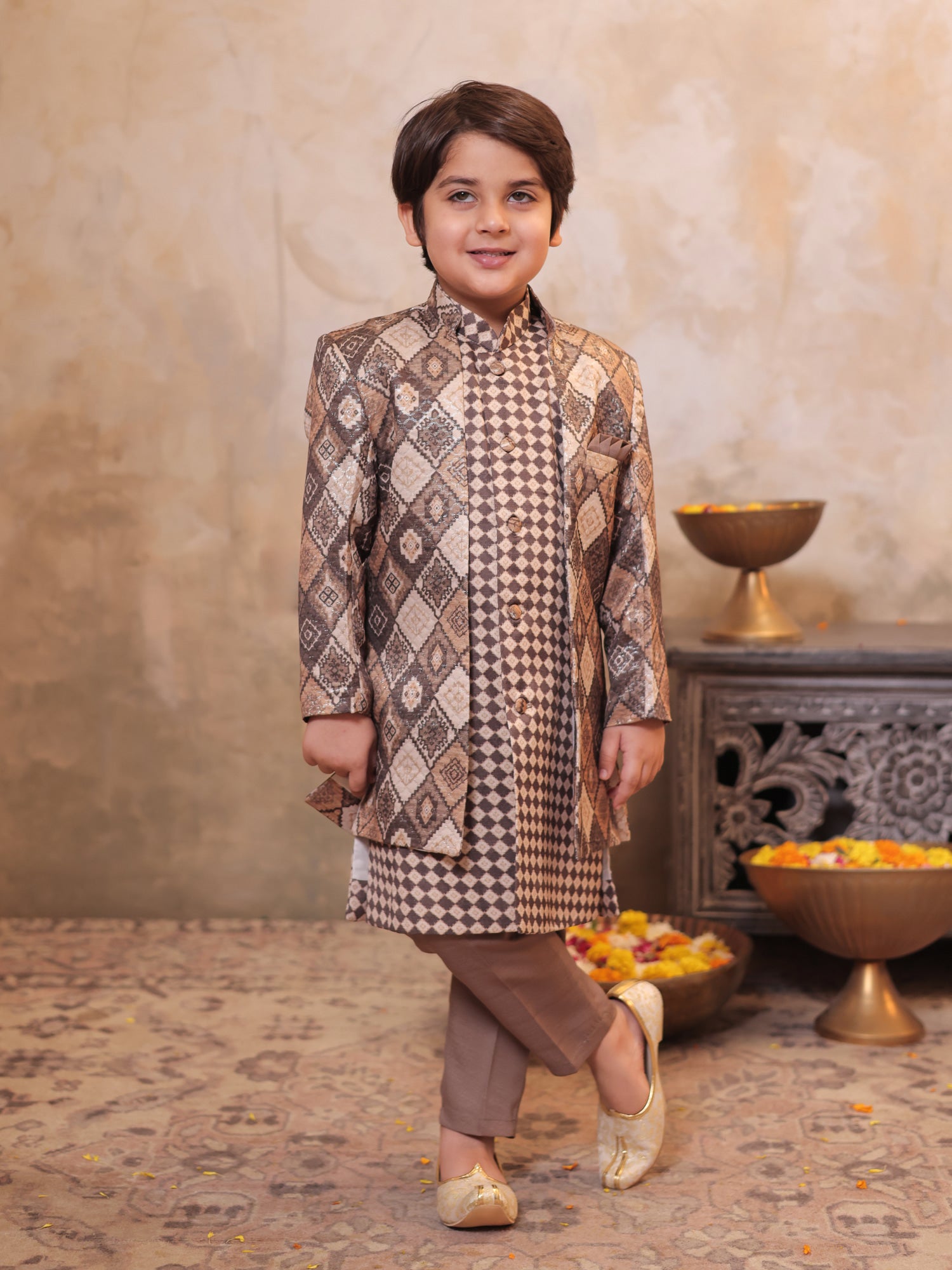 Boys Brown Jacquard Full Sleeves Rich Embroidery Sherwani