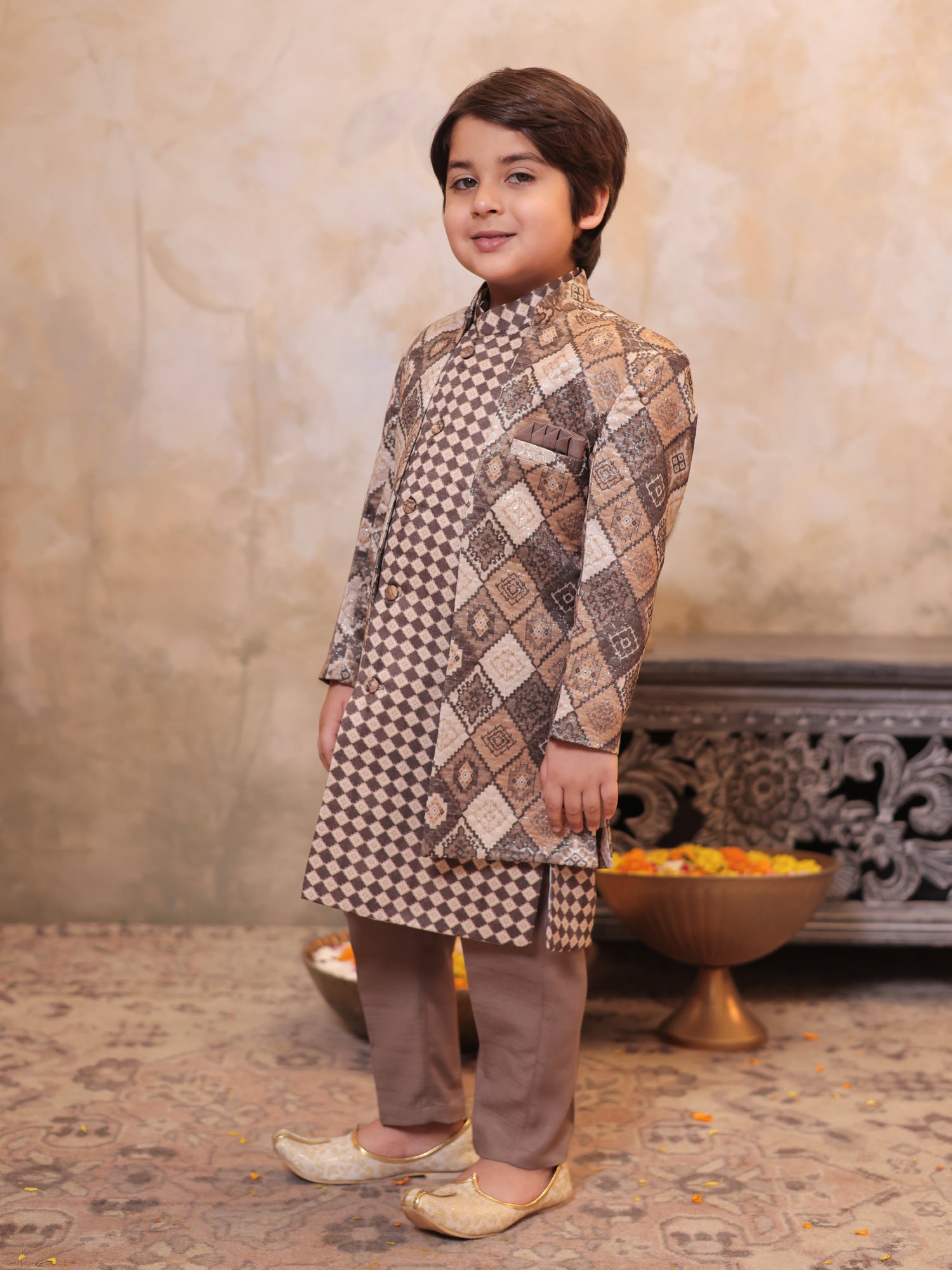 Boys Brown Jacquard Full Sleeves Rich Embroidery Sherwani
