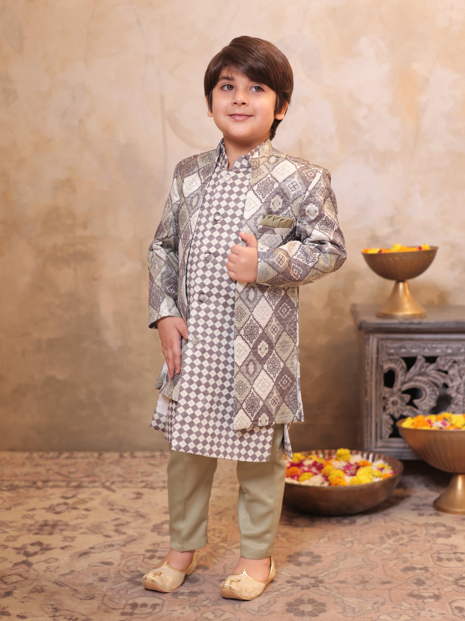 Boys Green Jacquard Full Sleeves Rich Embroidery Sherwani